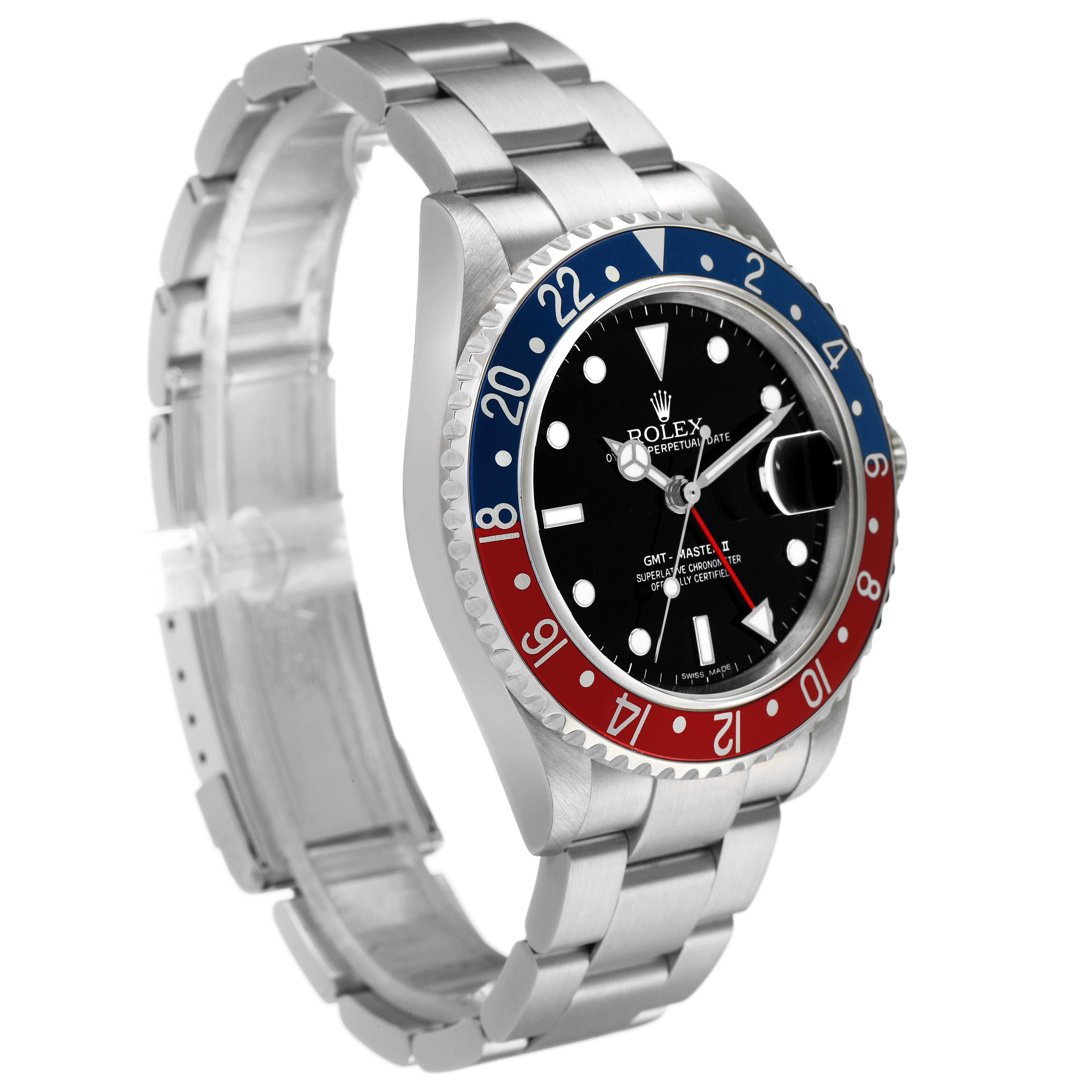 The Rolex GMT-Master 16710 Men's Stainless Steel Black Dial watch is shown at an angled view, highlighting the bezel, dial, and bracelet.