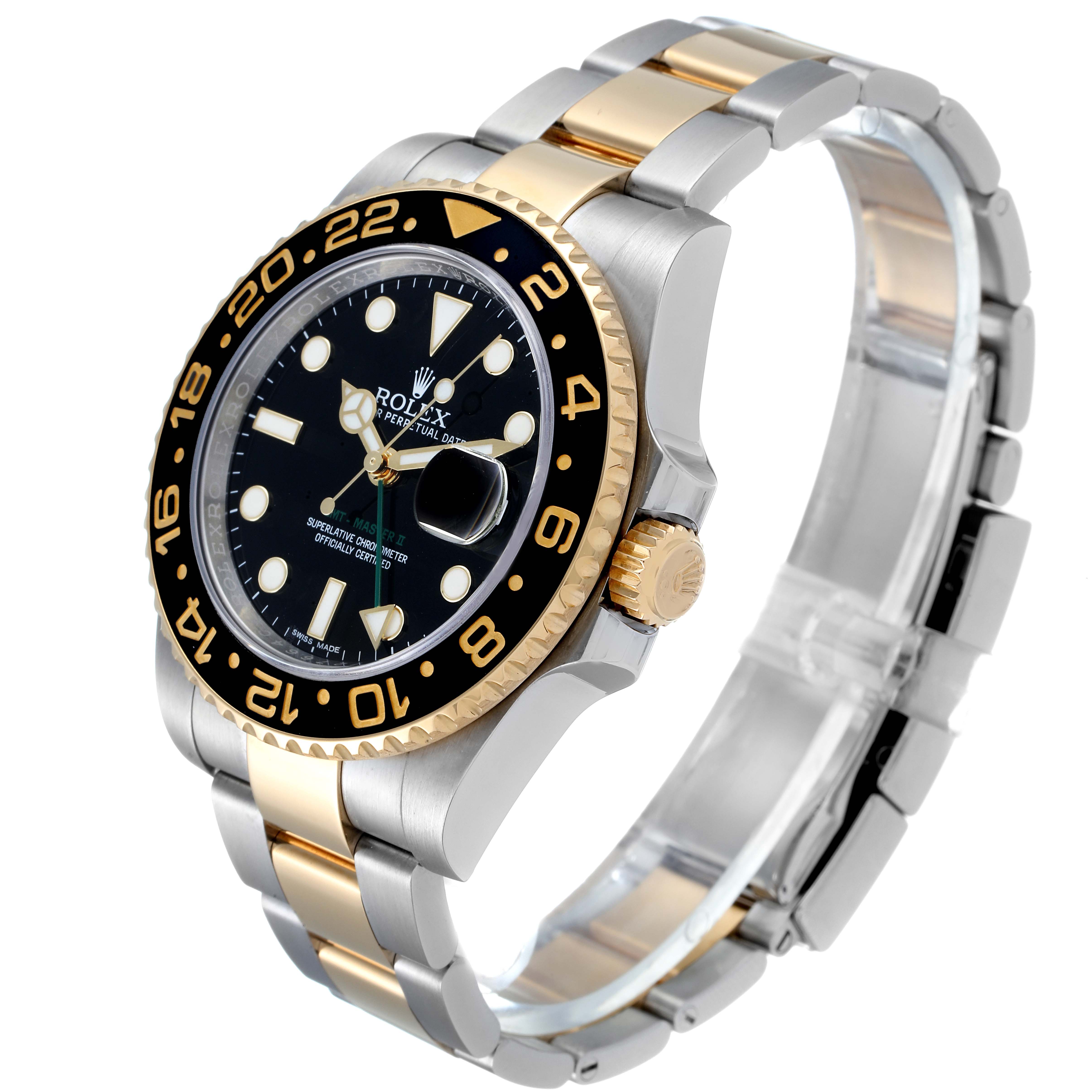 The Rolex GMT-Master 116713 Men
s Steel and Gold (two tone) Black Dial 116713 Men
s Steel and Gold (two tone) Black Dial watch is shown at an angle highlighting its dial, bezel, crown, and two-tone bracelet.