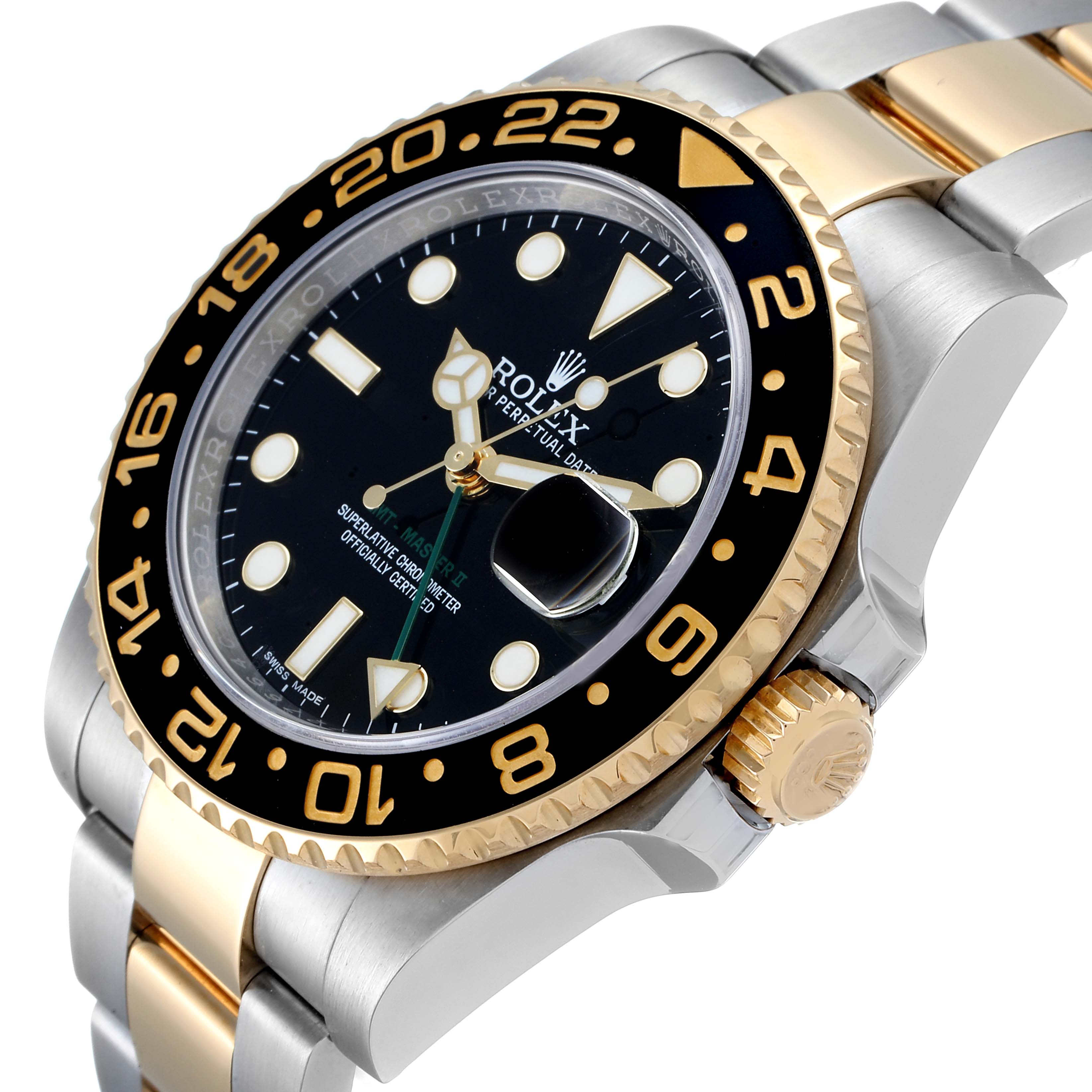 The image shows a close-up angle of the Rolex GMT-Master 116713 Men
s Steel and Gold (two tone) Black Dial 116713 Men
s Steel and Gold (two tone) Black Dial watch, highlighting the bezel, face, crown, and bracelet.