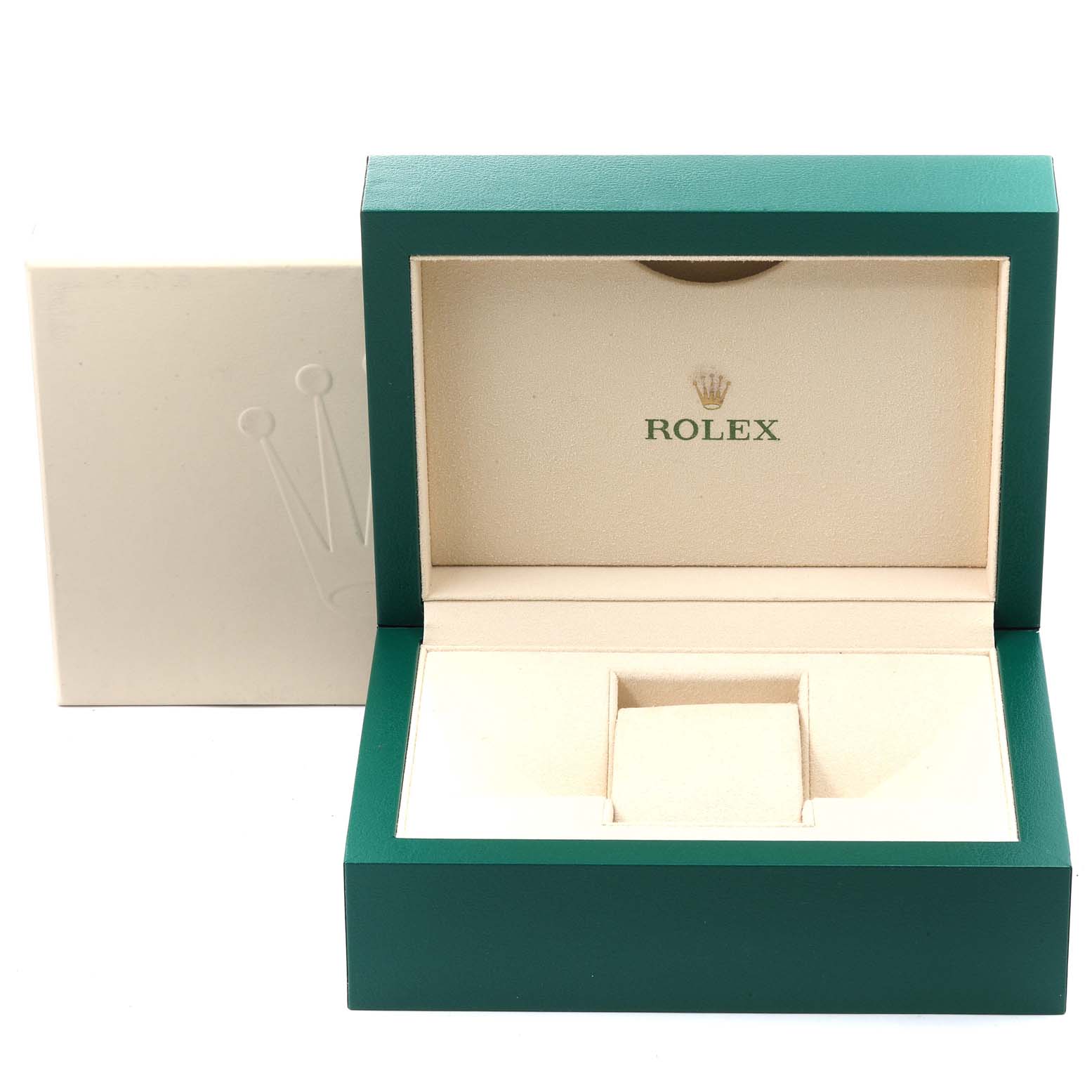 The image shows an open green and beige Rolex watch box designed for the GMT-Master model.