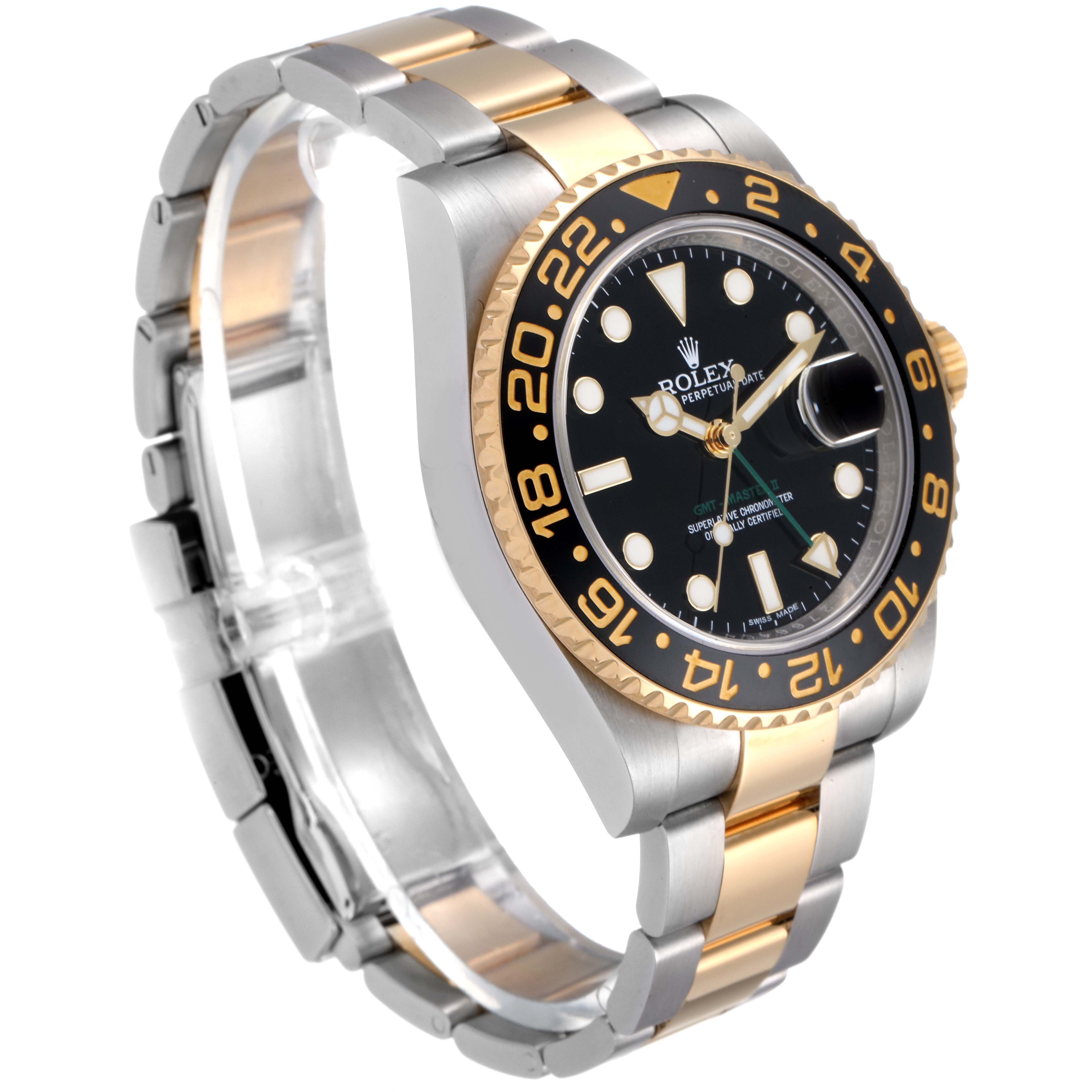 The Rolex GMT-Master 116713 Men
s Steel and Gold (two tone) Black Dial 116713 Men
s Steel and Gold (two tone) Black Dial watch is shown at an angle highlighting the face, bezel, and bracelet in silver and gold tones.