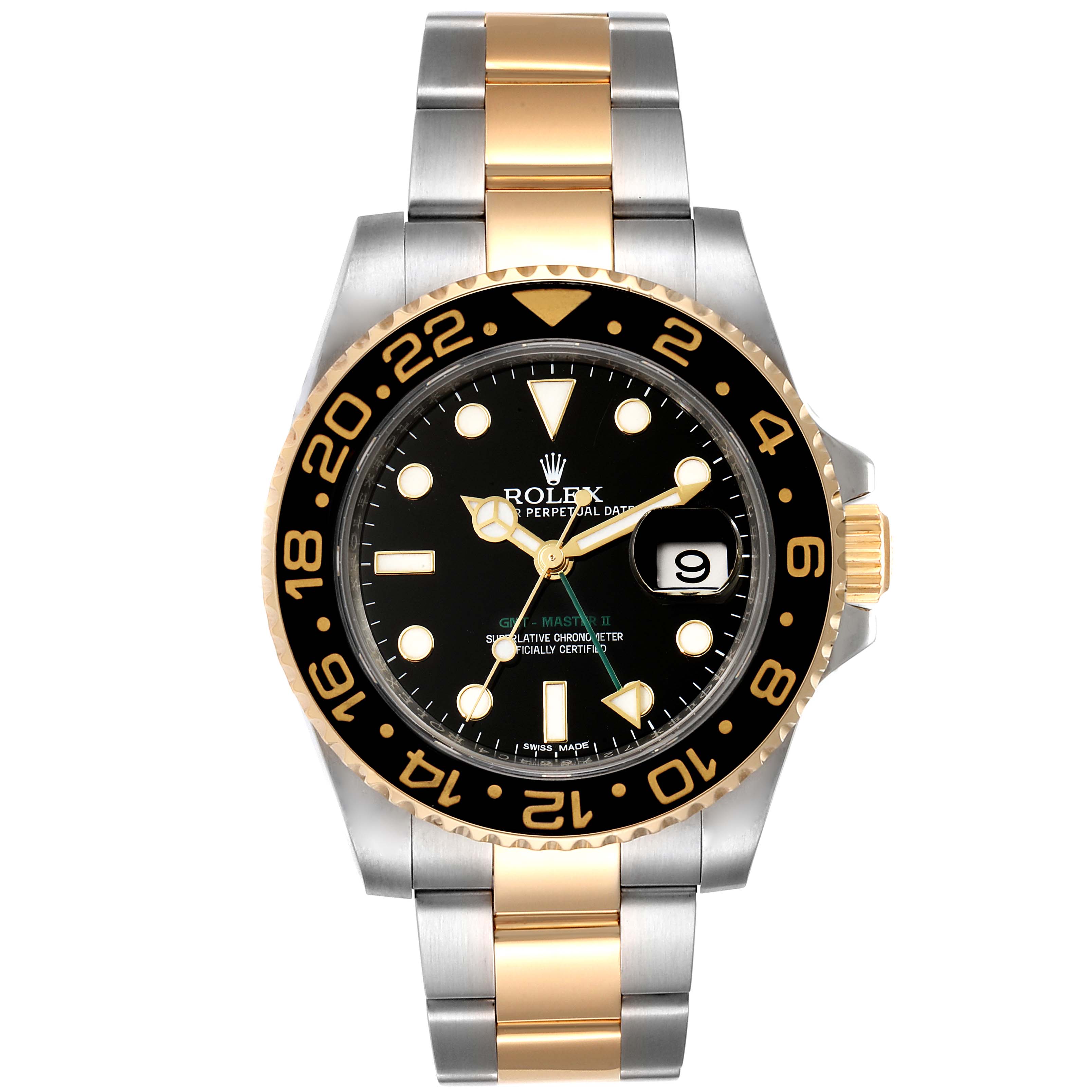 The image shows a front view of a Rolex GMT-Master 116713 Men
s Steel and Gold (two tone) Black Dial 116713 Men
s Steel and Gold (two tone) Black Dial watch, highlighting its bezel, dial, and bracelet.