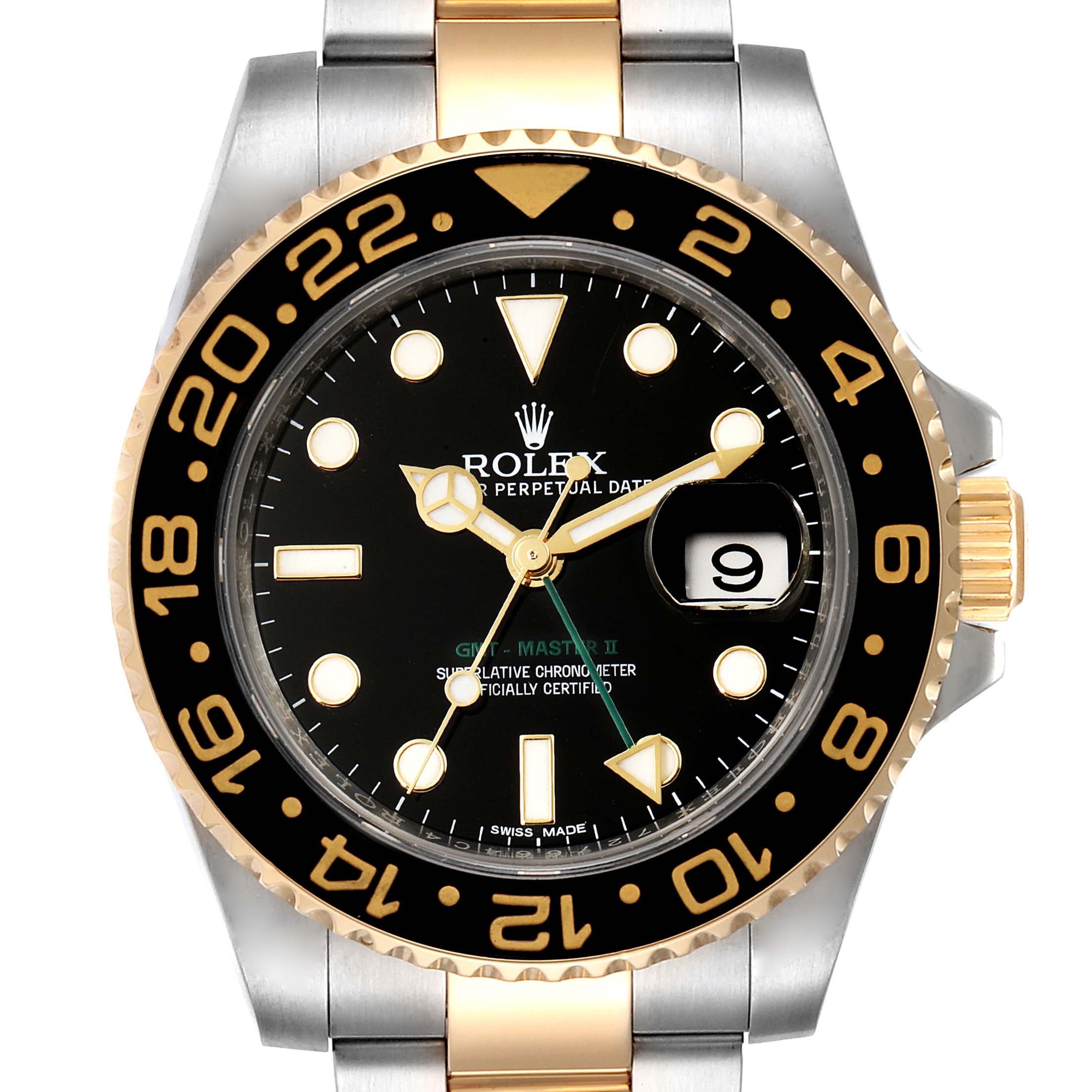 The Rolex GMT-Master 116713 Men
s Steel and Gold (two tone) Black Dial 116713 Men
s Steel and Gold (two tone) Black Dial watch is shown from a front angle, displaying its face, bezel, and part of its bracelet.