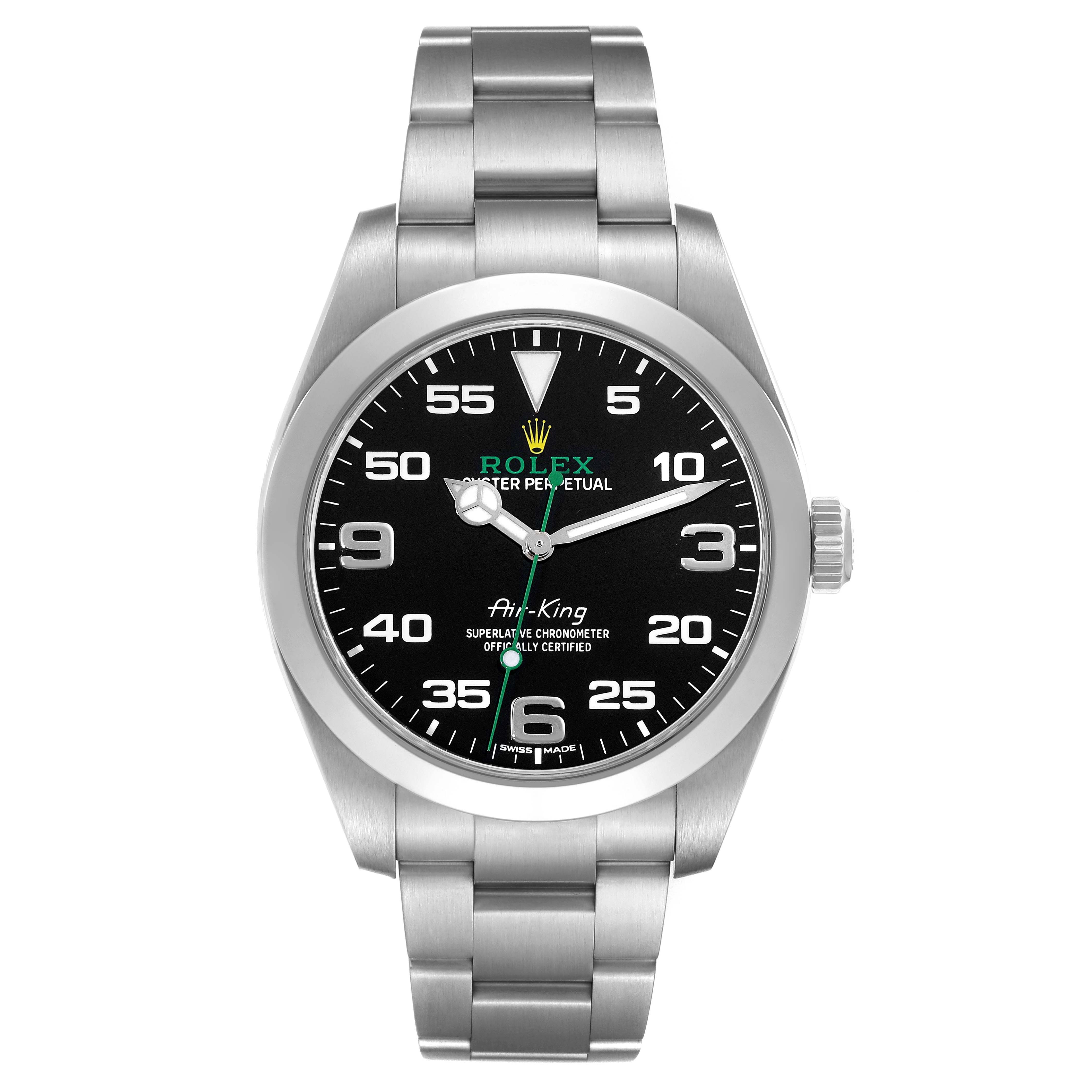 This is a front view of a Rolex Air-King 116900 Men's Stainless Steel Black Dial 116900 Men's Stainless Steel Black Dial watch showing the black dial, stainless steel case, and bracelet.