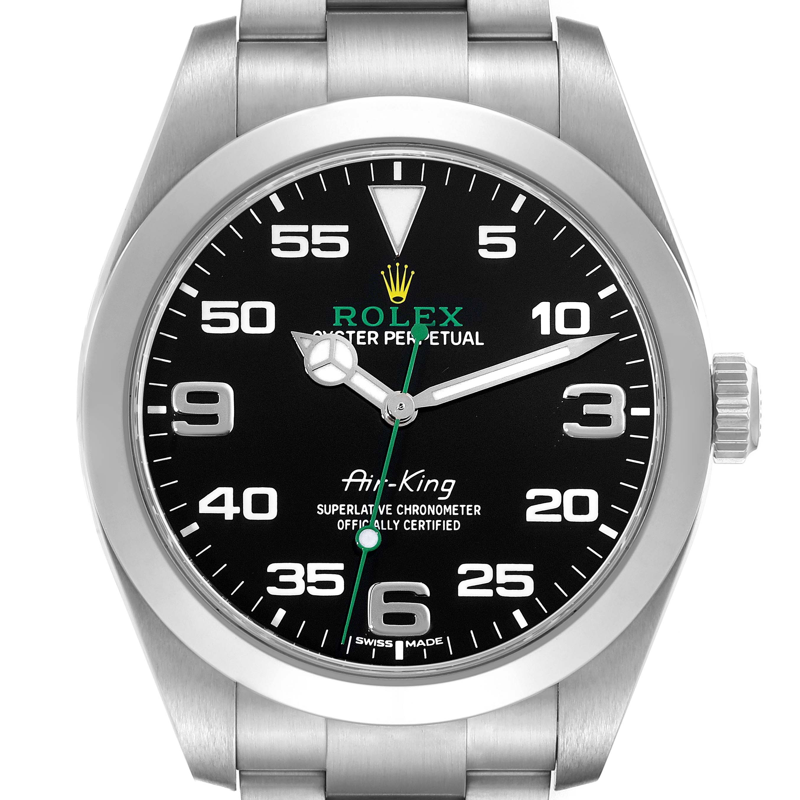 The image shows a front view of the Rolex Air-King 116900 Men's Stainless Steel Black Dial 116900 Men's Stainless Steel Black Dial watch displaying its dial, hands, and part of the bracelet.