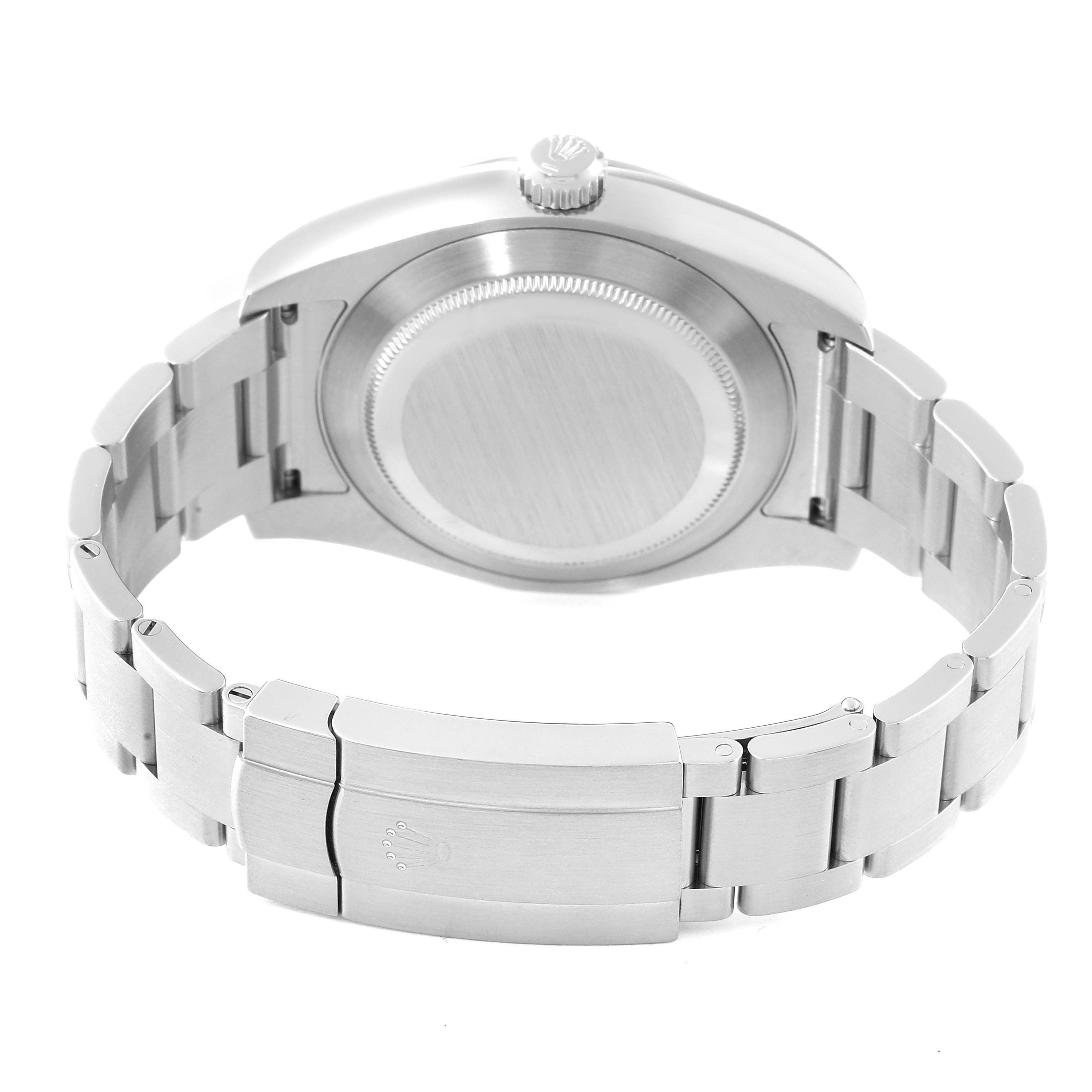 The image shows the back view of a Rolex Air-King 116900 Men's Stainless Steel Black Dial 116900 Men's Stainless Steel Black Dial watch, highlighting the case back, crown, and bracelet with the clasp.