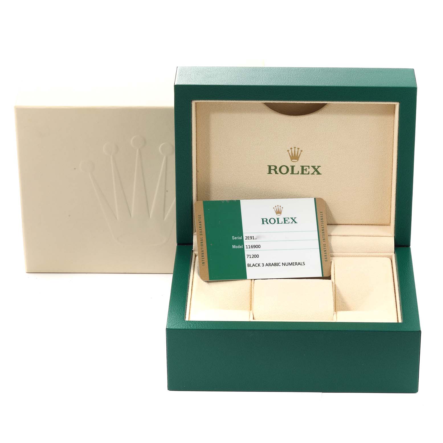 The image shows an empty Rolex Air-King 116900 Men's Stainless Steel Black Dial 116900 Men's Stainless Steel Black Dial watch box, warranty card, and outer packaging from a front angle.