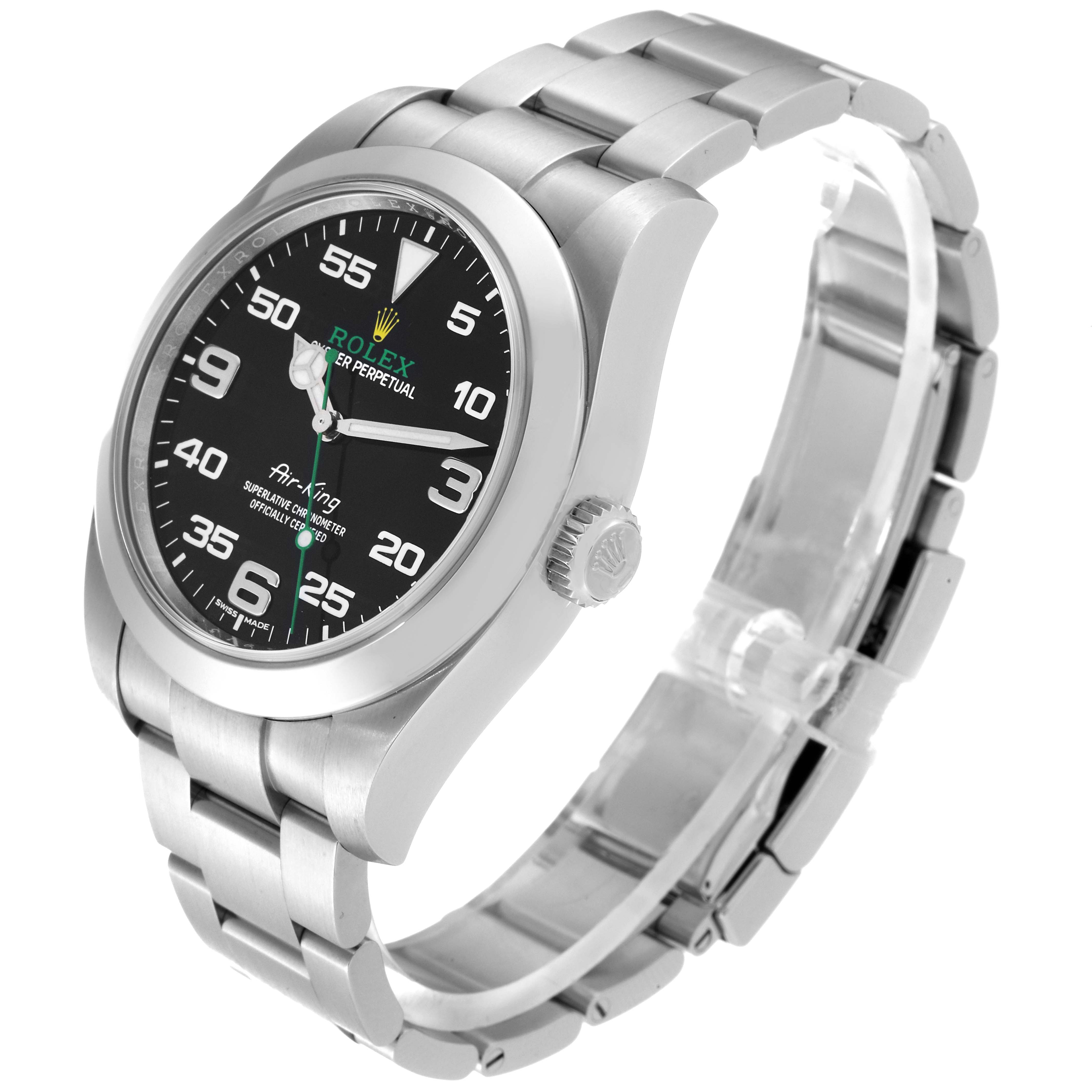 The image shows a Rolex Air-King 116900 Men's Stainless Steel Black Dial 116900 Men's Stainless Steel Black Dial watch from a three-quarter angle, highlighting the face, bezel, crown, and stainless steel bracelet.