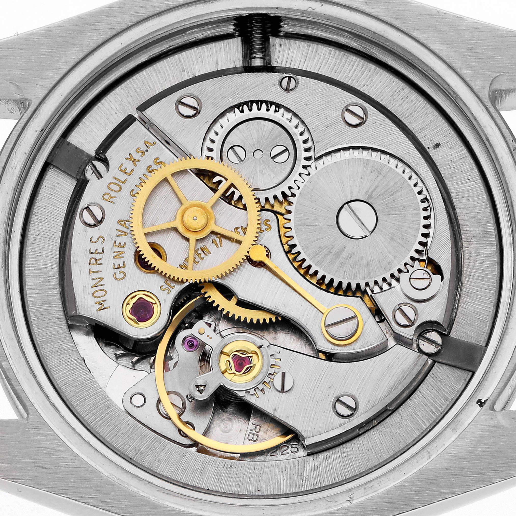 The image shows the inner mechanism of a Rolex Vintage Collection 6426 Men's Stainless Steel Silver Dial 6426 Men's Stainless Steel Silver Dial watch from a top-down angle, highlighting gears and movement parts.