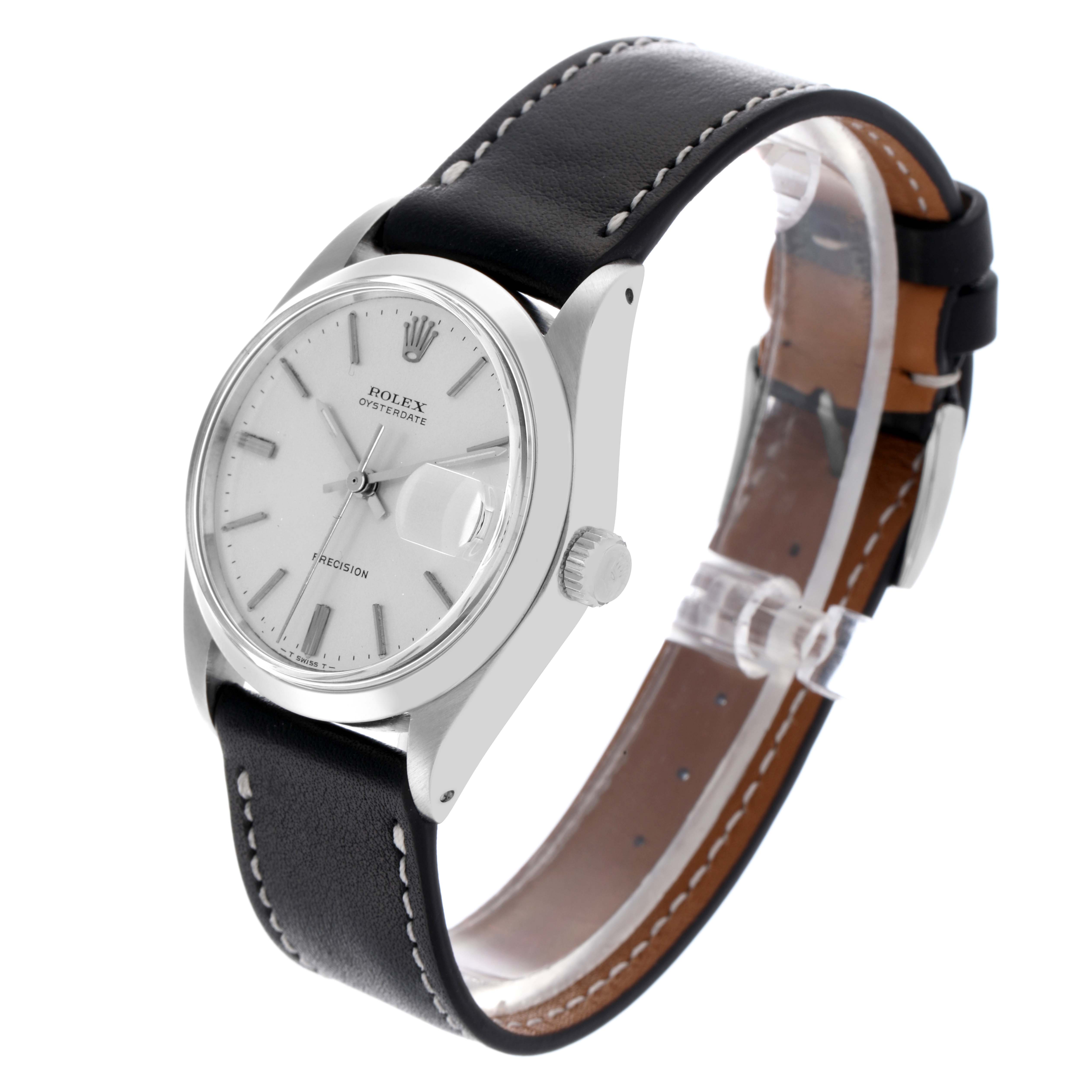 The Rolex Date 6694 Men's Stainless Steel Silver Dial 6694 Men's Stainless Steel Silver Dial model watch is shown at a slight angle, displaying its face, crown, and black leather strap.