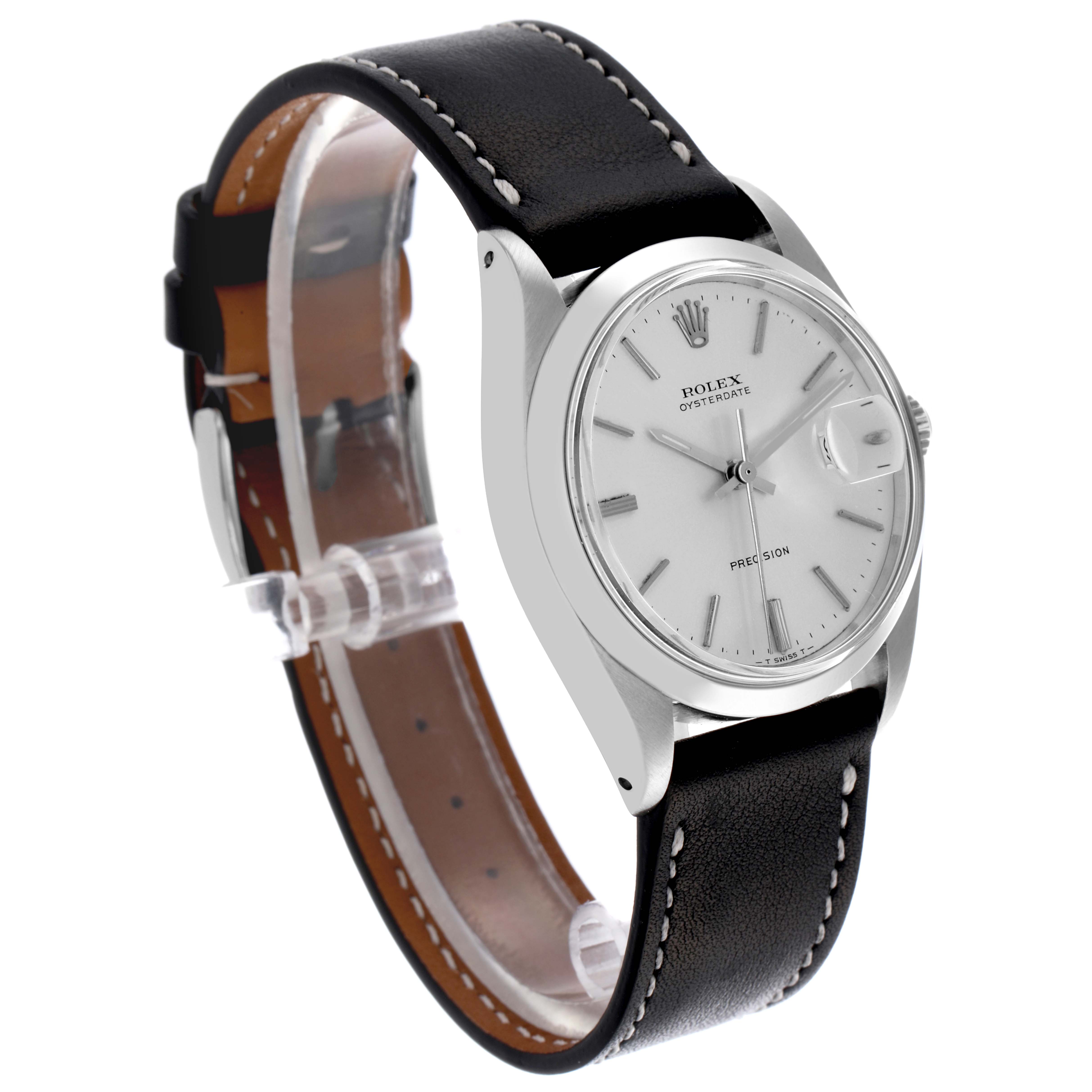 The Rolex Date 6694 Men's Stainless Steel Silver Dial 6694 Men's Stainless Steel Silver Dial model is shown from a three-quarter angle, highlighting the dial, bezel, and leather strap.