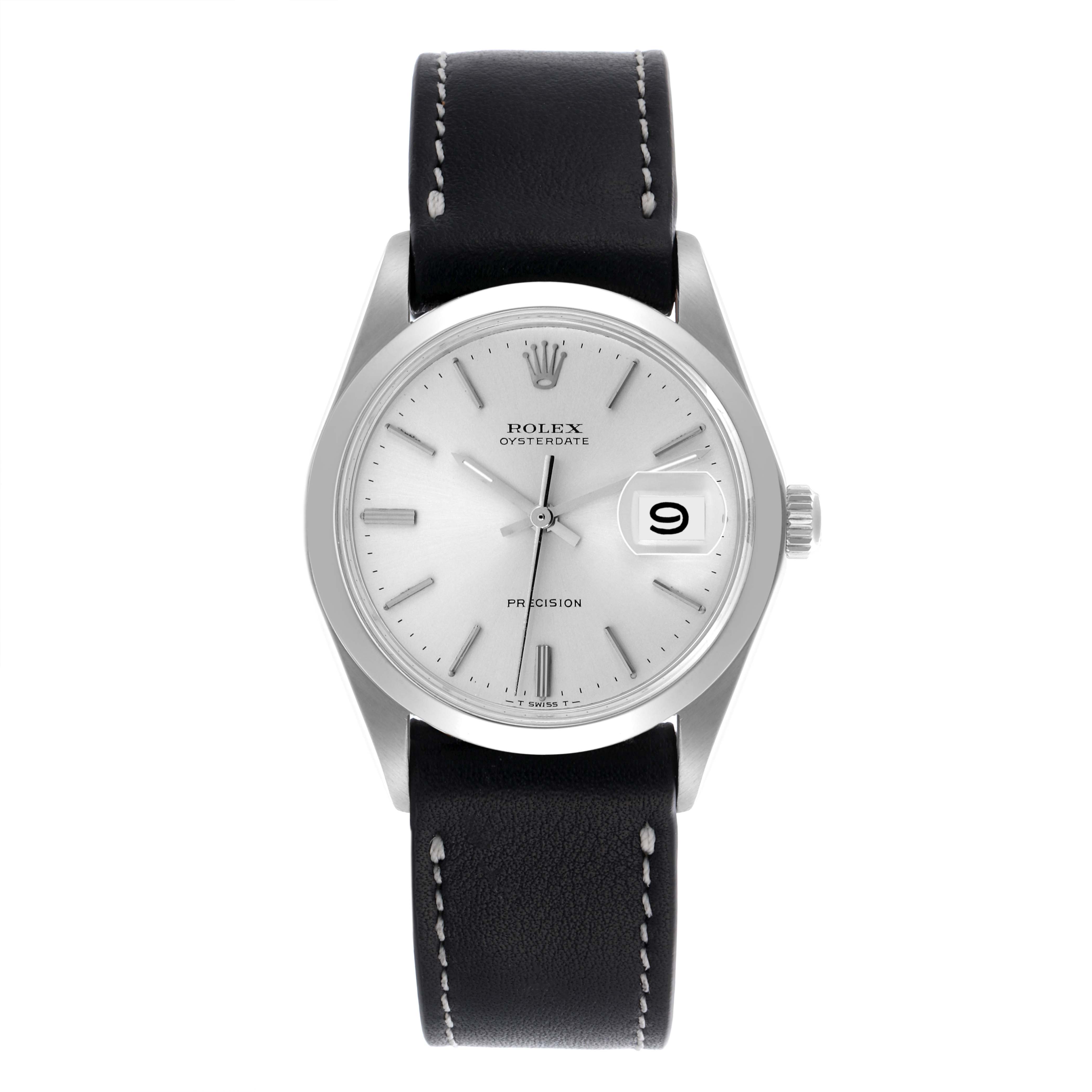 The Rolex Date 6694 Men's Stainless Steel Silver Dial 6694 Men's Stainless Steel Silver Dial watch is shown from a front angle, featuring the dial, hands, date window, and leather strap.