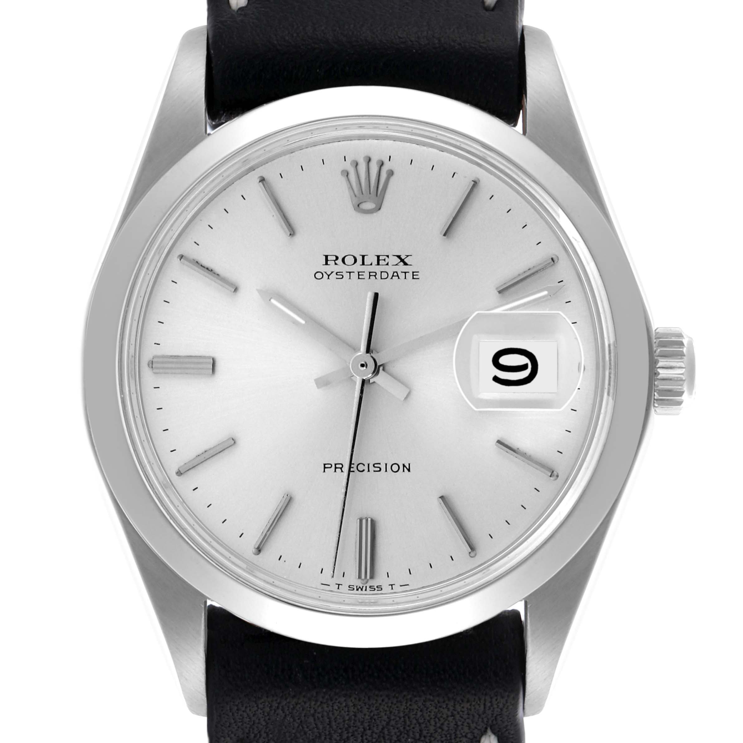 The Rolex Date 6694 Men's Stainless Steel Silver Dial 6694 Men's Stainless Steel Silver Dial model watch is shown from a front view, highlighting the dial, date window, and crown.