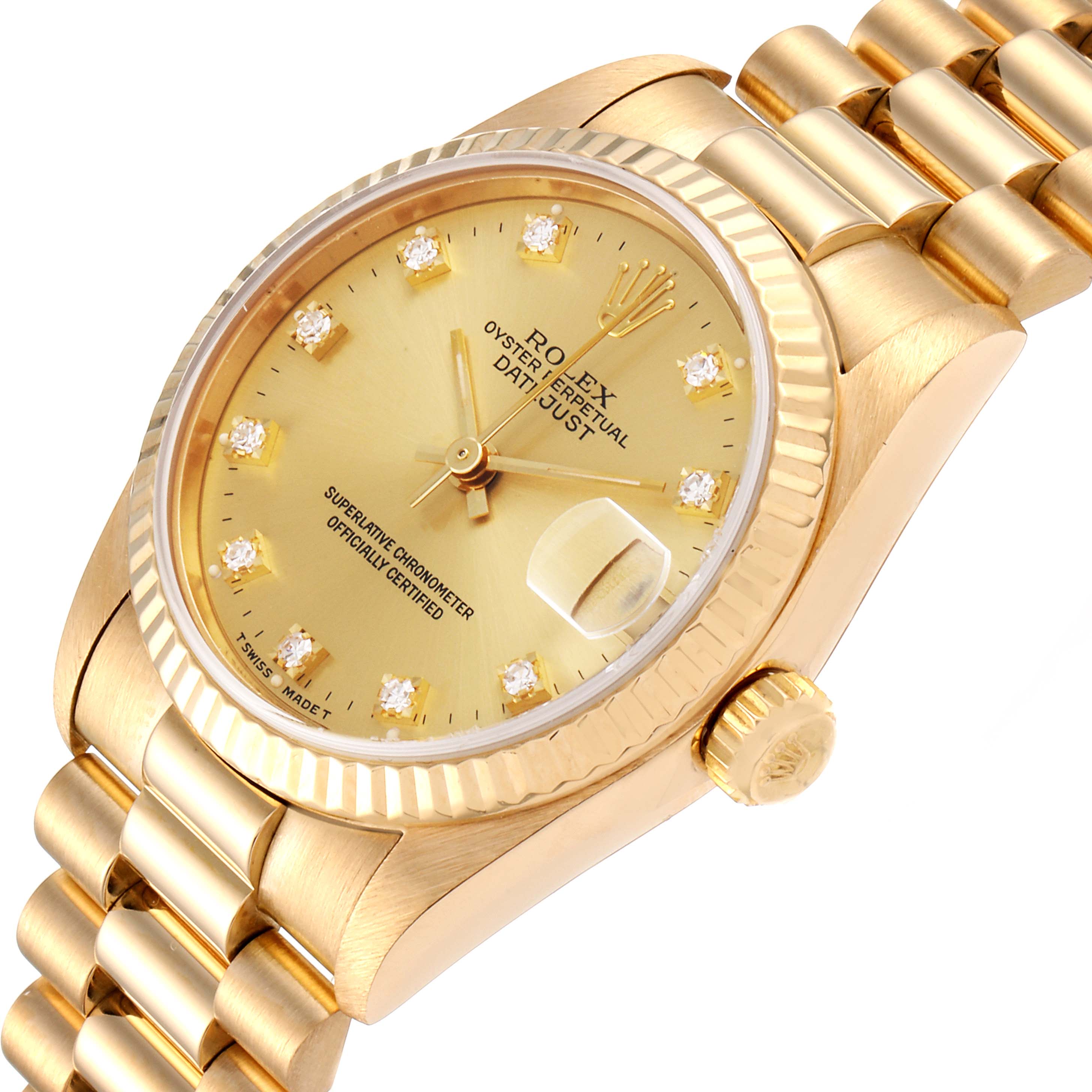 The Rolex President 68278 Women's Yellow Gold Champagne Dial 68278 Women's Yellow Gold Champagne Dial model watch is shown at a slight angle highlighting its gold band, crown, and dial with a diamond hour marker.