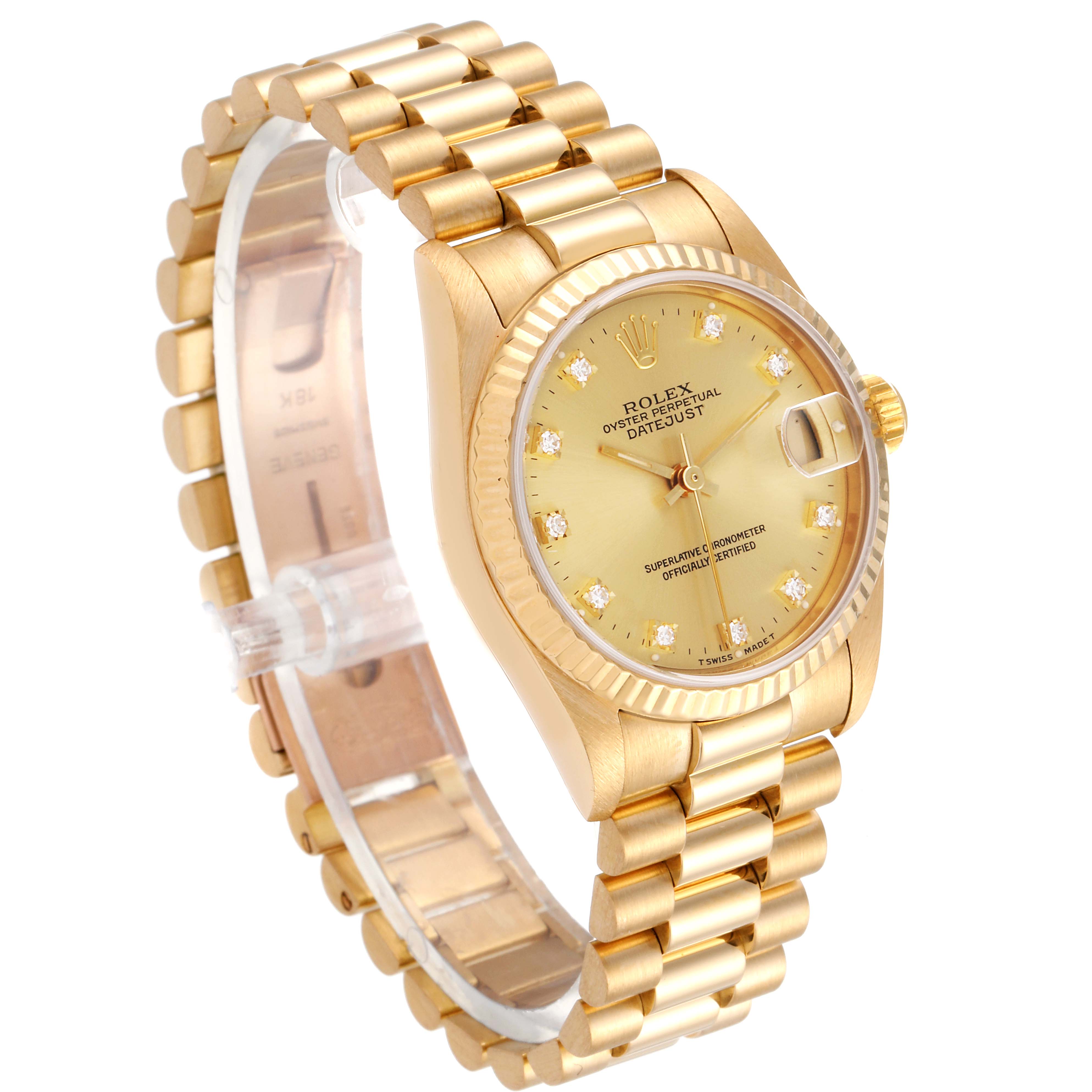 The Rolex President 68278 Women's Yellow Gold Champagne Dial 68278 Women's Yellow Gold Champagne Dial watch is shown at a three-quarter angle, highlighting the face, bezel, and bracelet.