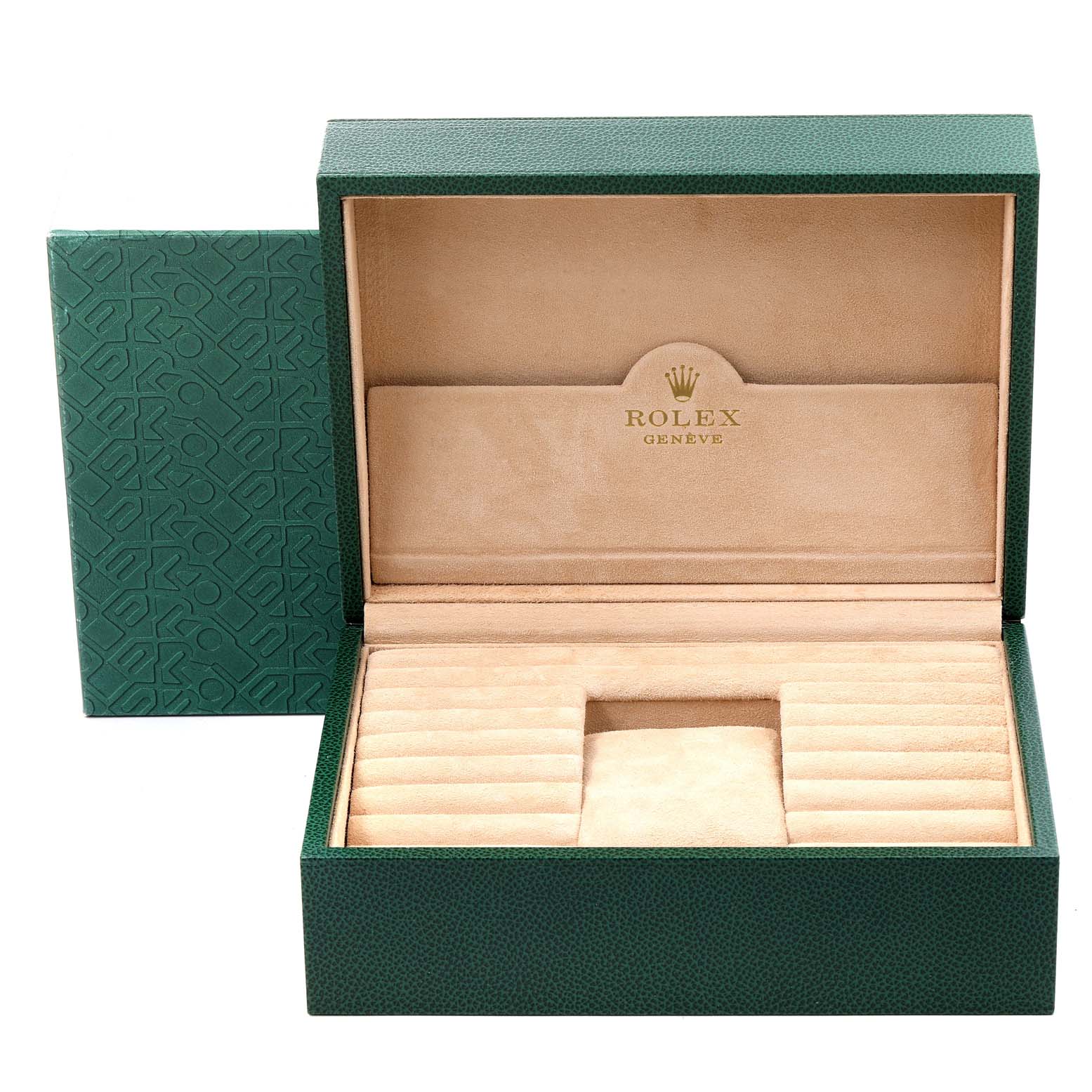 The image shows an open green Rolex watch box for a President model, displaying its beige interior.