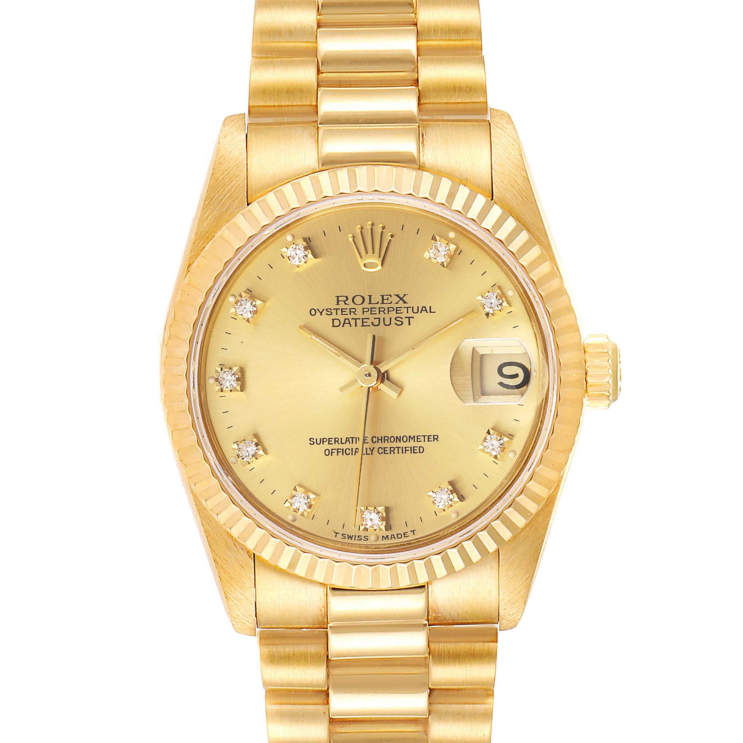This image shows a Rolex President 68278 Women's Yellow Gold Champagne Dial 68278 Women's Yellow Gold Champagne Dial Oyster Perpetual Datejust watch, captured from a front angle displaying the face and bracelet.