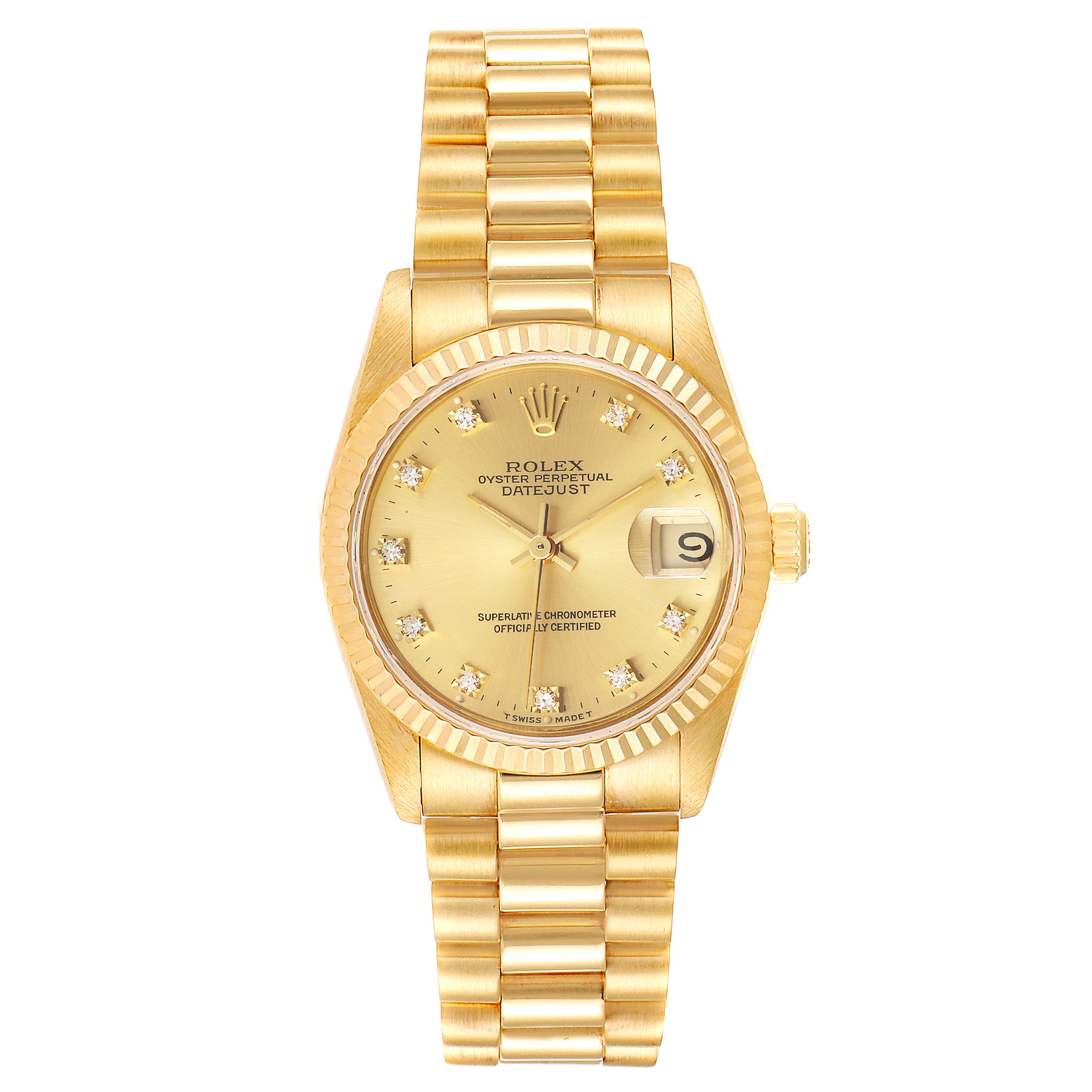 The image shows a front-facing view of a Rolex President 68278 Women's Yellow Gold Champagne Dial 68278 Women's Yellow Gold Champagne Dial model watch displaying its gold bracelet, dial, bezel, and date window.