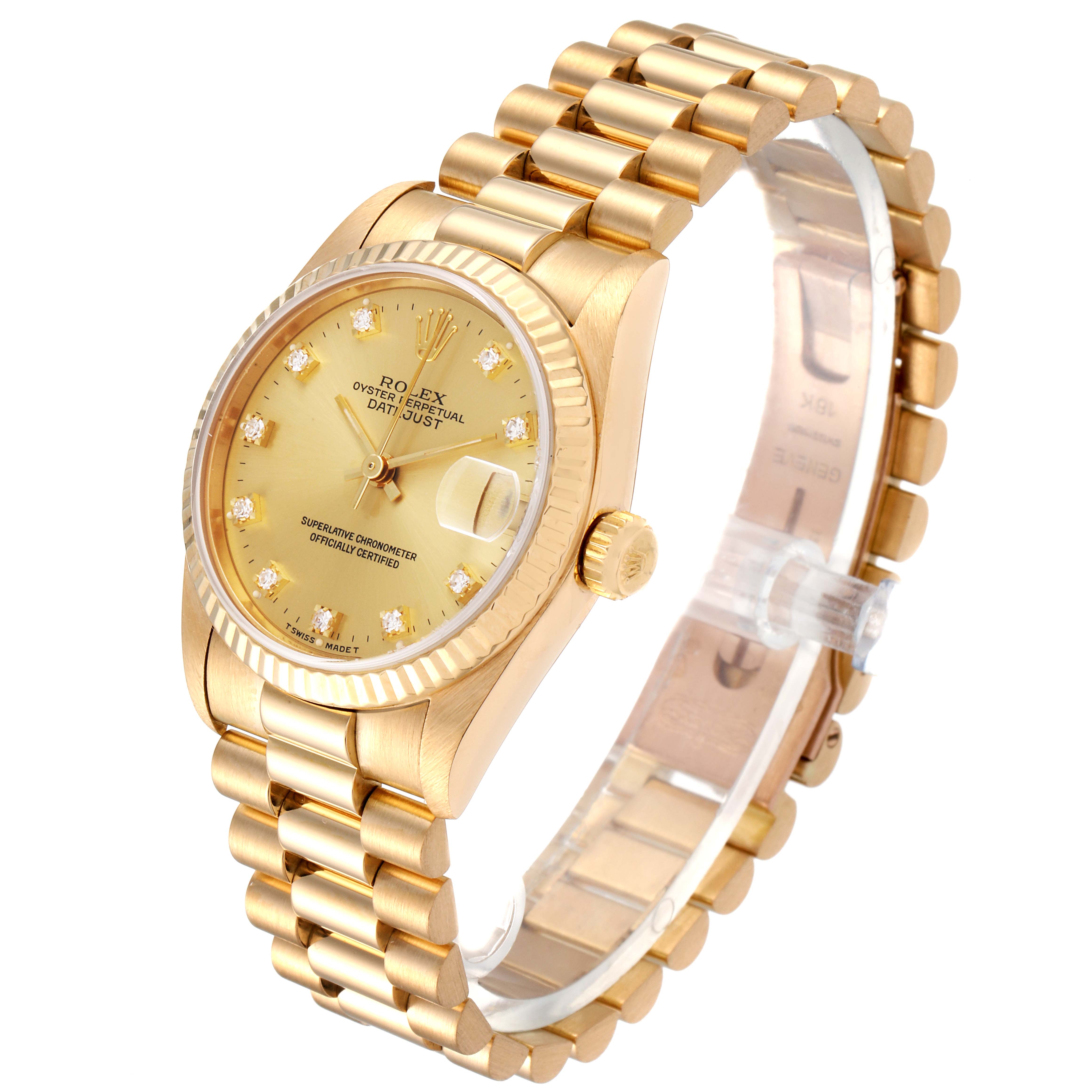 The image shows a side angle of a Rolex President 68278 Women's Yellow Gold Champagne Dial 68278 Women's Yellow Gold Champagne Dial model watch, featuring the dial, bezel, crown, and bracelet.