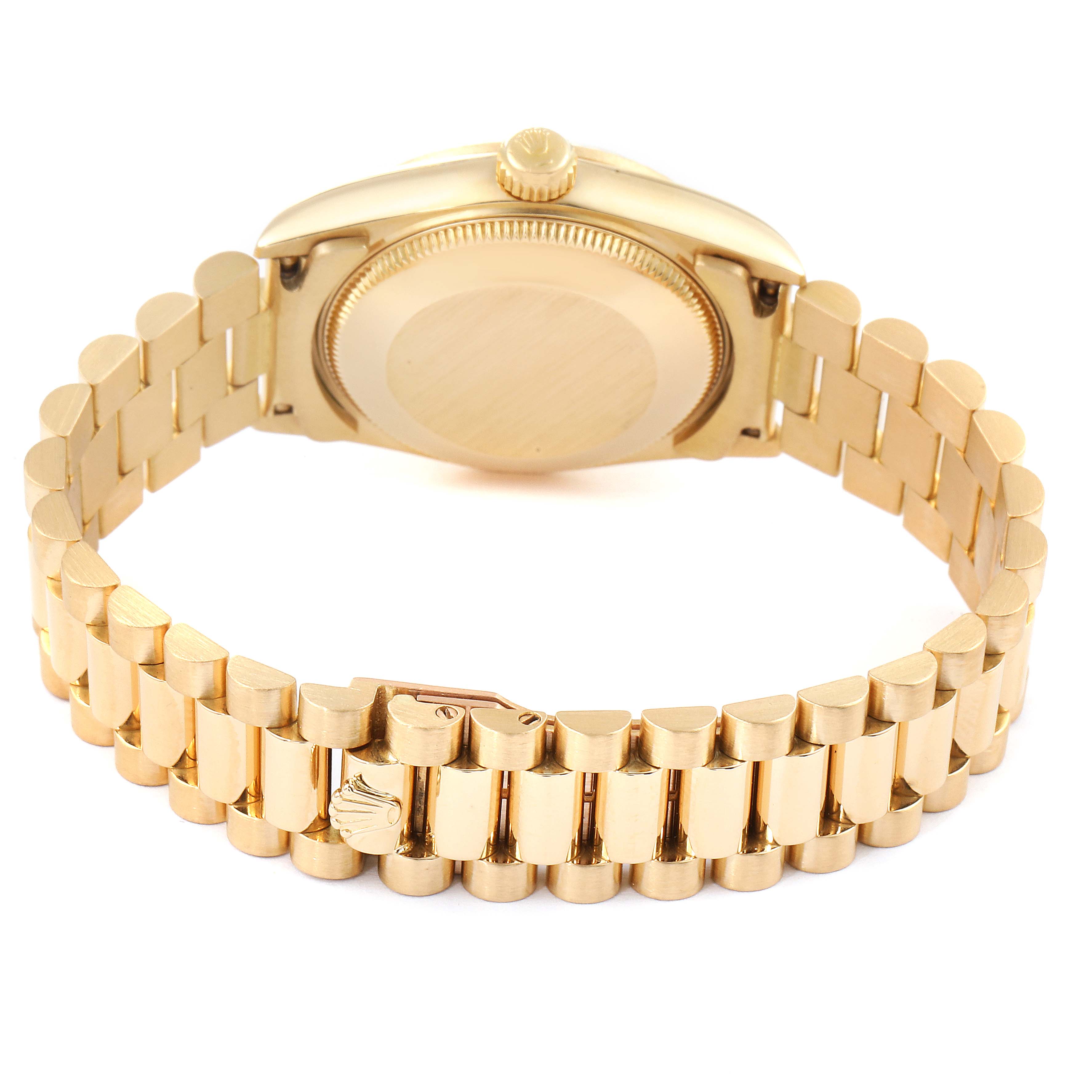 This image shows the back and bracelet clasp of a Rolex President 68278 Women's Yellow Gold Champagne Dial 68278 Women's Yellow Gold Champagne Dial model watch, taken from a rear angle.