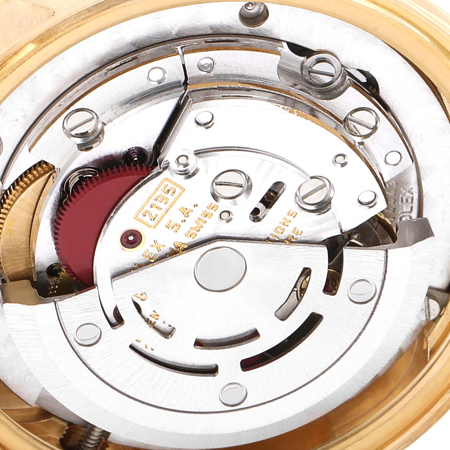 This image shows the inner mechanical movement of a Rolex President 68278 Women's Yellow Gold Champagne Dial 68278 Women's Yellow Gold Champagne Dial model watch from a close-up angle.