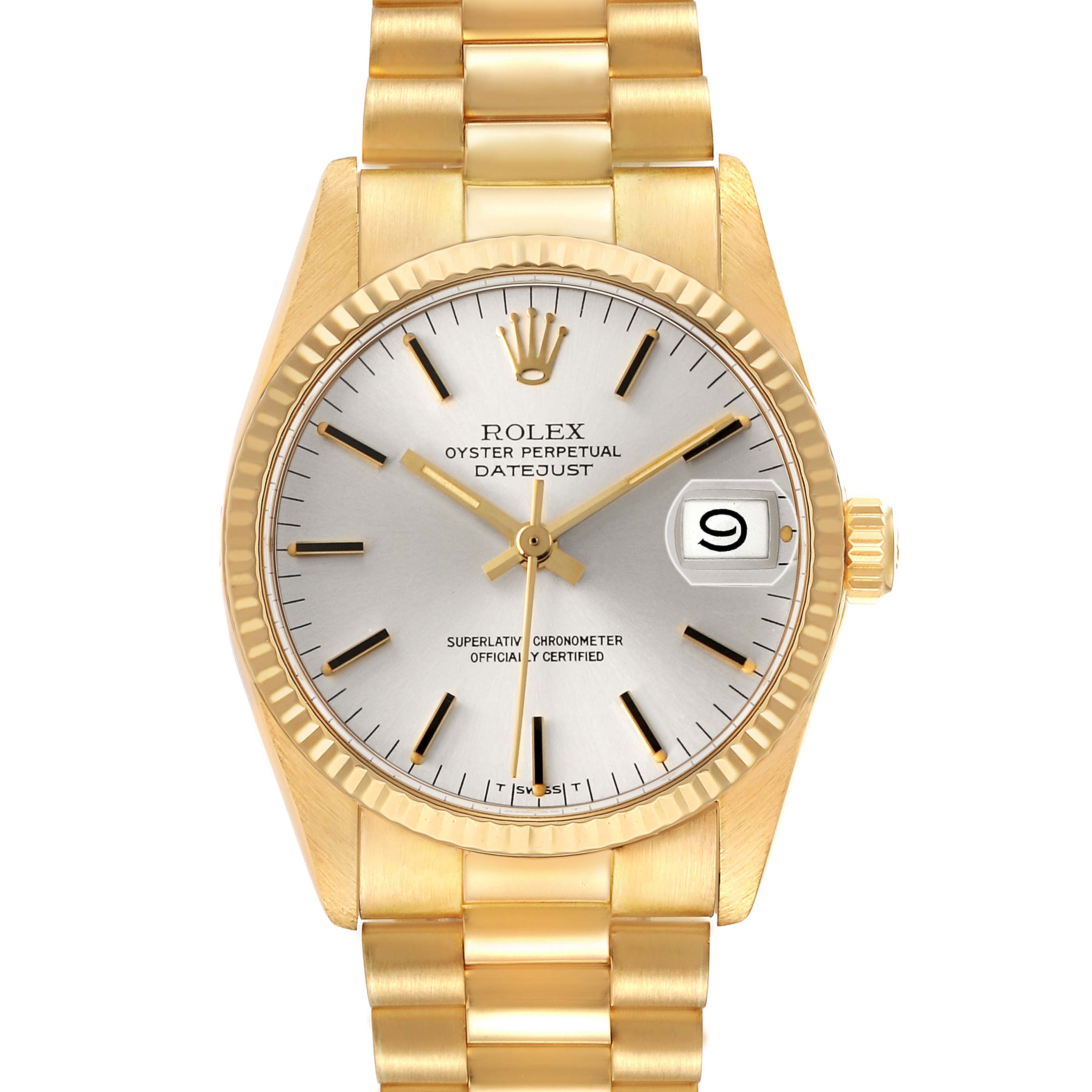 The Rolex President 6827 Women's Yellow Gold Silver Dial model is shown from the front, displaying the face, bezel, bracelet, and date feature.