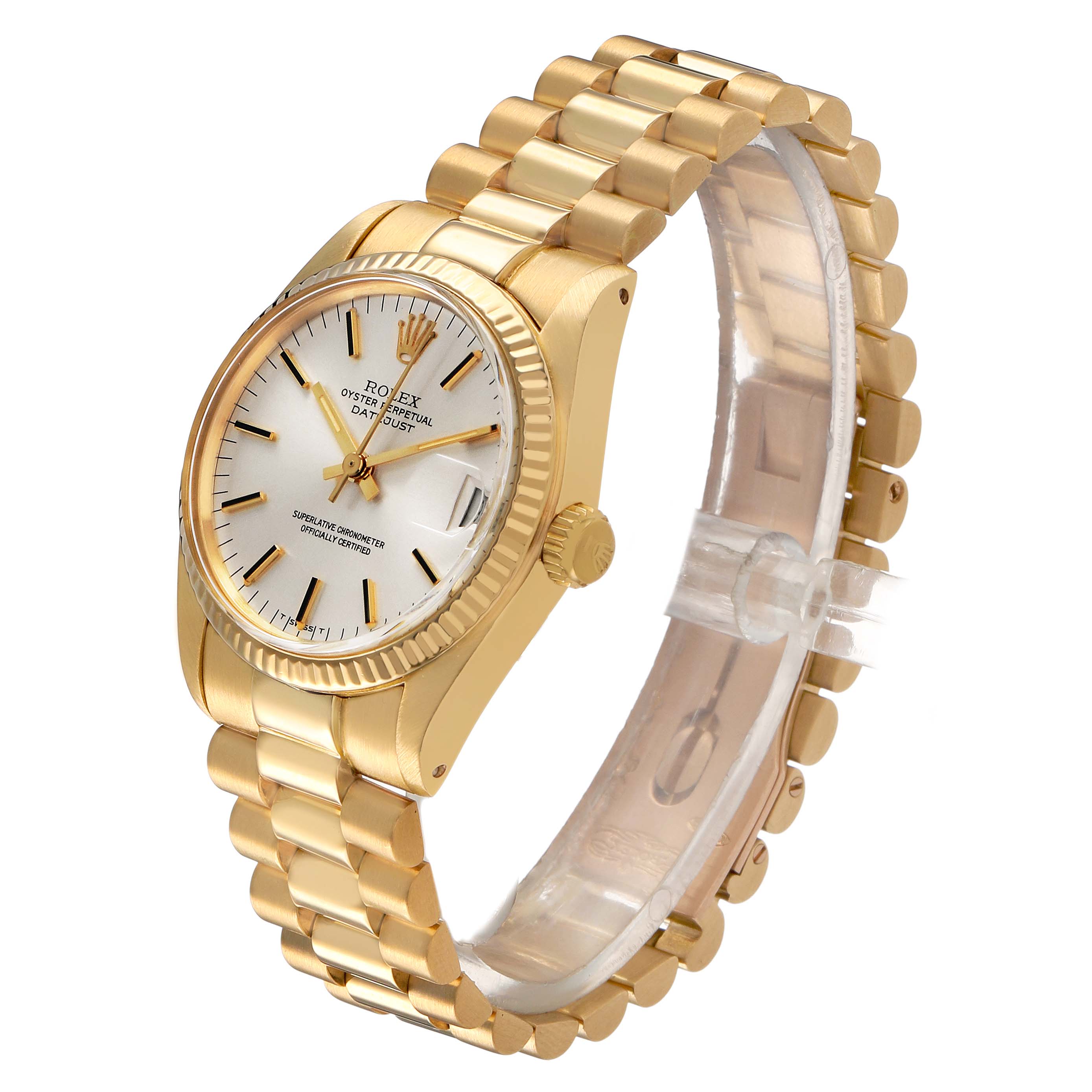 The image shows a Rolex President 6827 Women's Yellow Gold Silver Dial model at a three-quarter angle, highlighting the dial, bracelet, bezel, and crown.