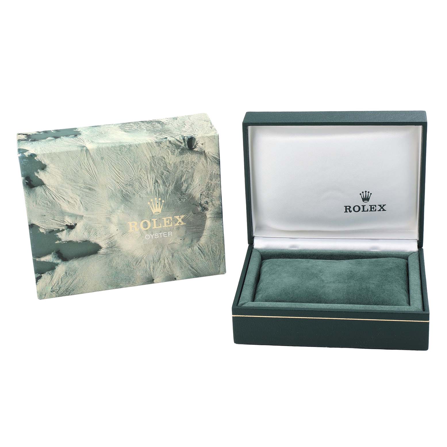 The image shows the packaging for a Rolex President 6827 Women's Yellow Gold Silver Dial watch, featuring a decorative box and an open leather case.