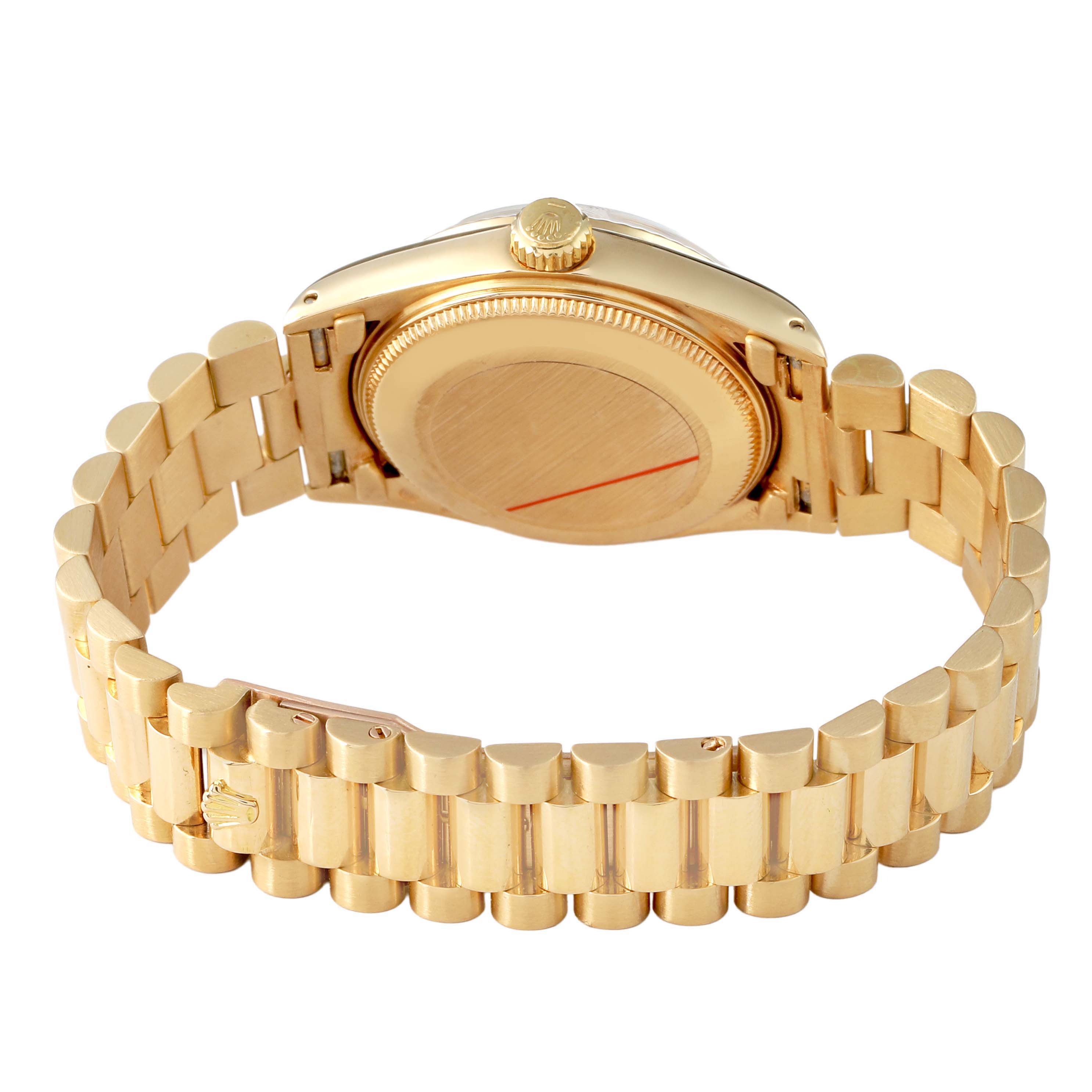 The image shows the back and bracelet of a Rolex President 6827 Women's Yellow Gold Silver Dial model watch from a rear angle.