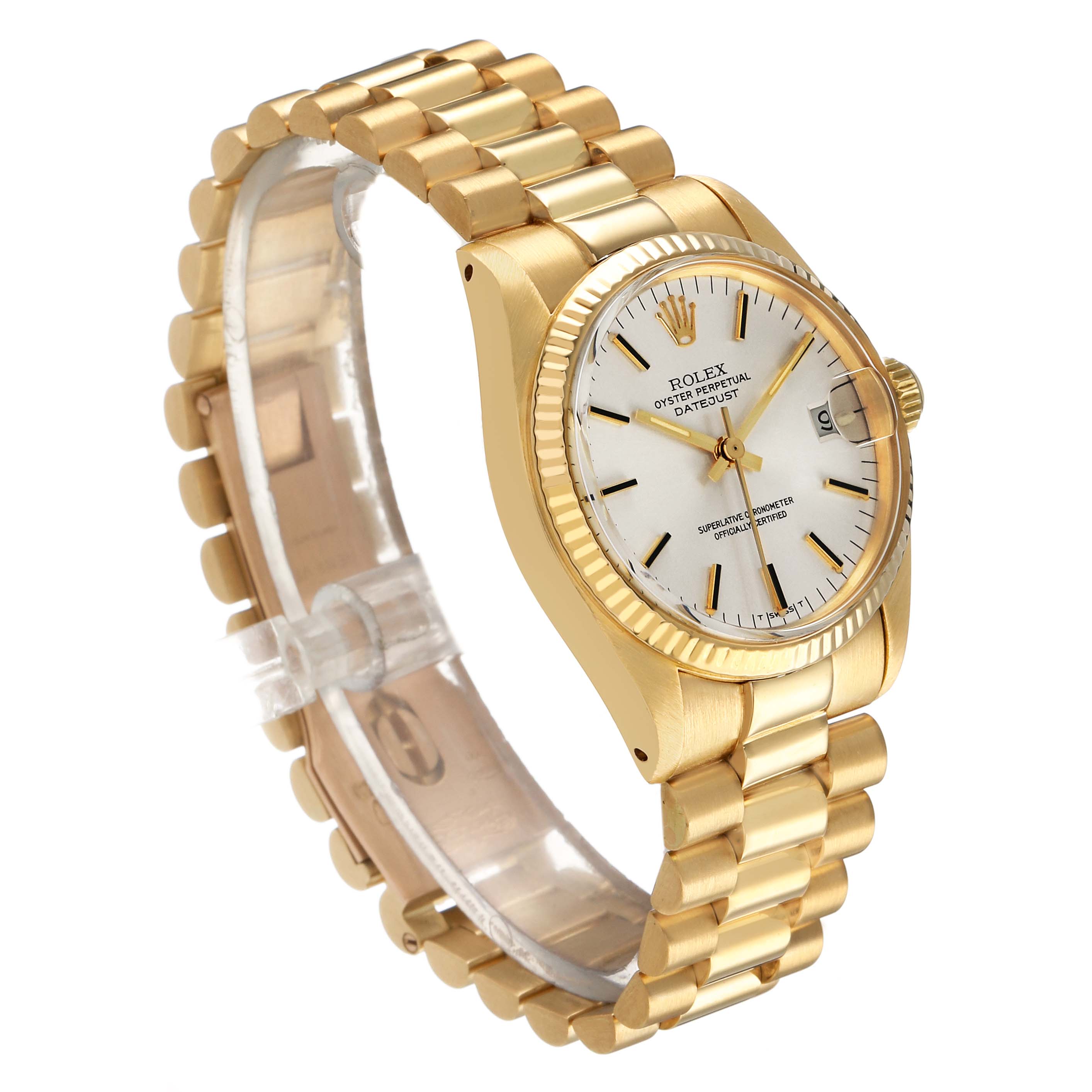 The Rolex President 6827 Women's Yellow Gold Silver Dial model watch is shown at a slight angle, displaying its gold case, bracelet, and white dial with date function.