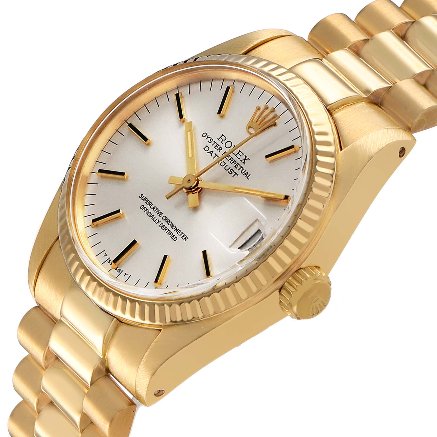 The Rolex President 6827 Women's Yellow Gold Silver Dial model watch is shown at a slightly tilted angle, highlighting the face, bezel, and bracelet.