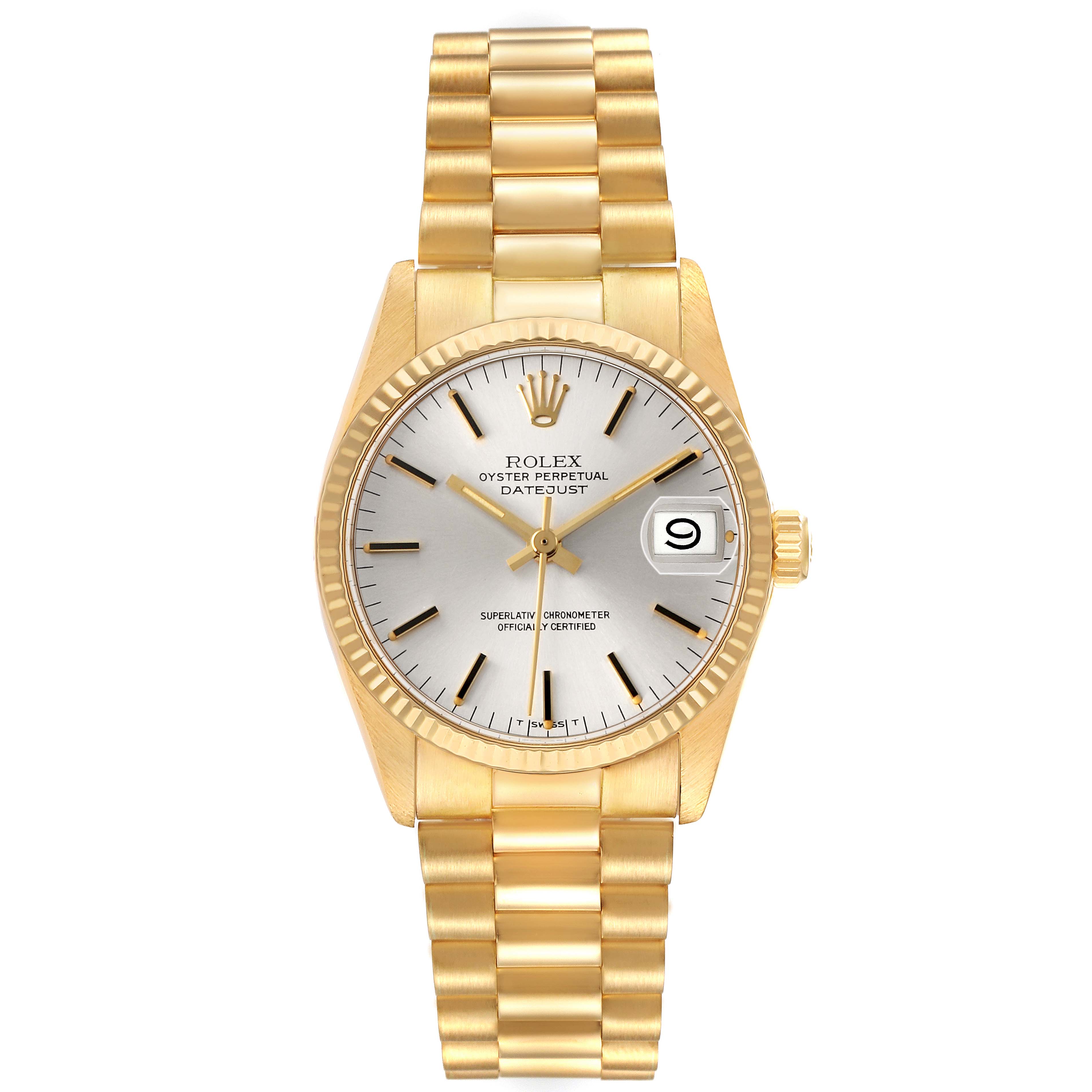 The Rolex President 6827 Women's Yellow Gold Silver Dial model is shown from a top-down angle, displaying the full face, gold bracelet, date, and crown.