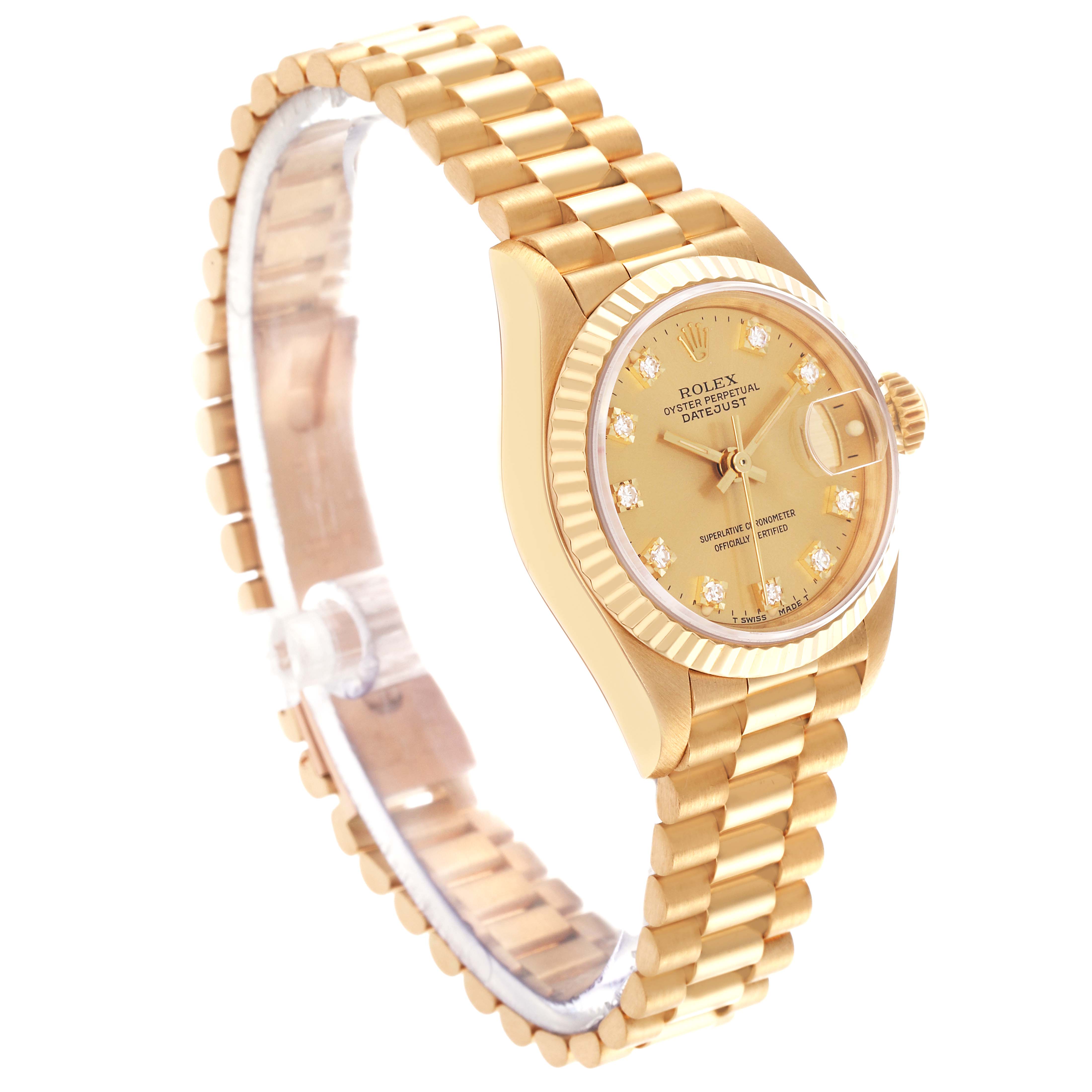 The Rolex President 69178 Women's Yellow Gold Champagne Dial 69178 Women's Yellow Gold Champagne Dial model is shown at a three-quarter angle displaying the face, bezel, and bracelet.