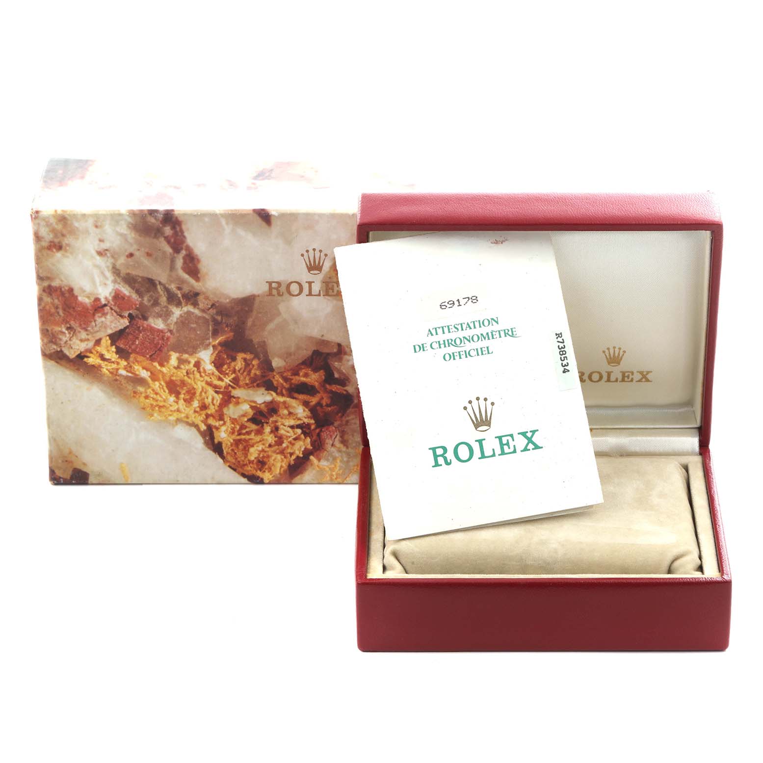 The image shows a Rolex President 69178 Women's Yellow Gold Champagne Dial 69178 Women's Yellow Gold Champagne Dial model box, outer packaging, and documentation viewed from the front.