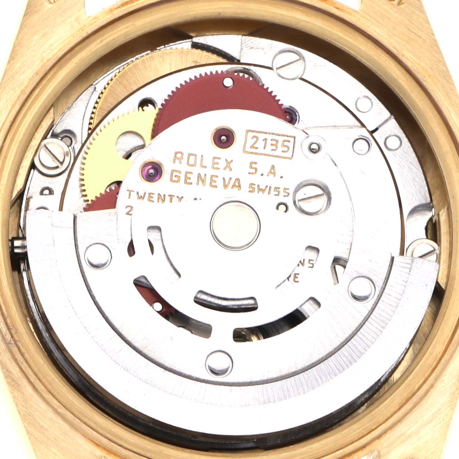 The image shows the internal movement of a Rolex President 69178 Women's Yellow Gold Champagne Dial 69178 Women's Yellow Gold Champagne Dial model, focusing on the gears and rotor from a top-down angle.