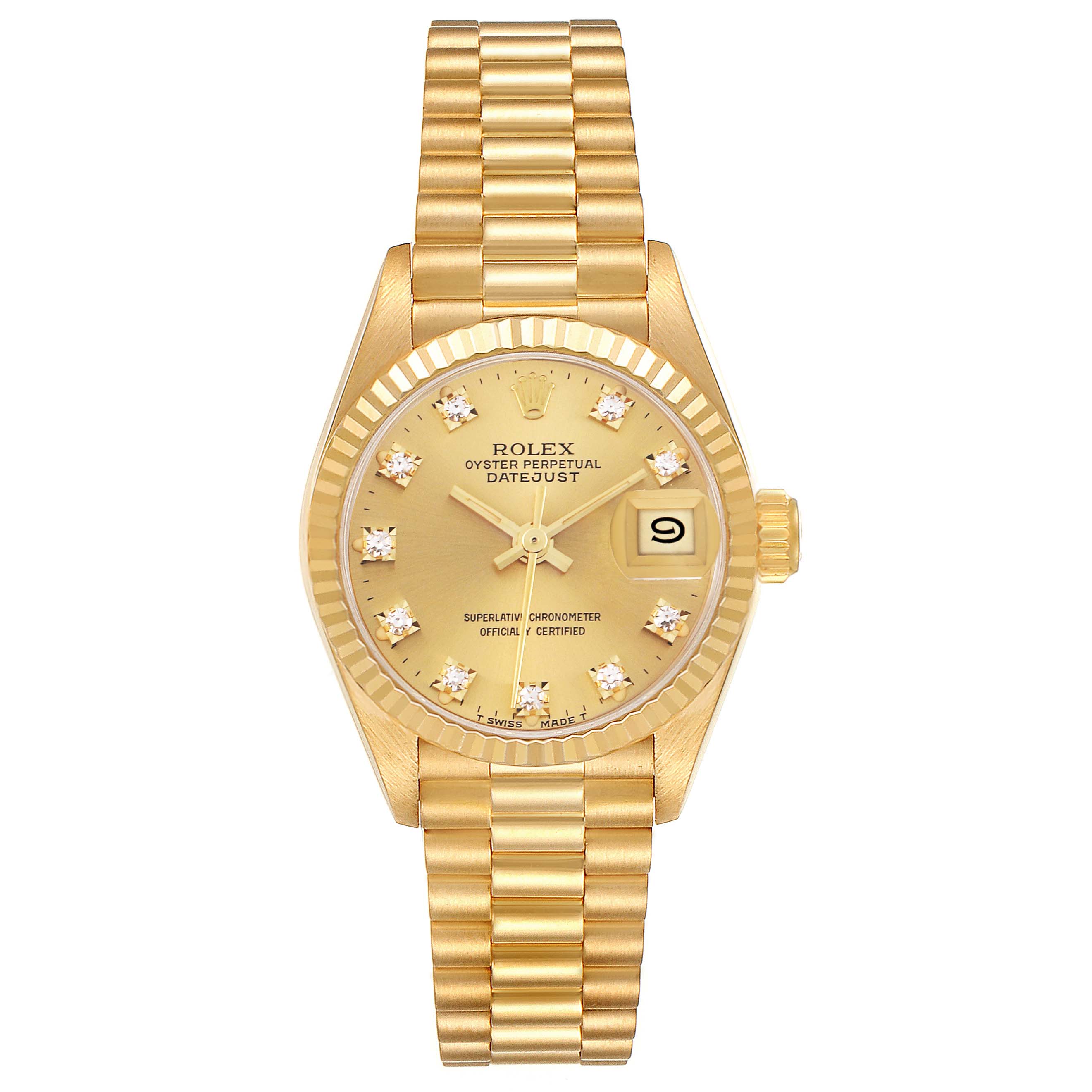 The Rolex President 69178 Women's Yellow Gold Champagne Dial 69178 Women's Yellow Gold Champagne Dial model is shown from the front, featuring the dial, bezel, bracelet, and date window.