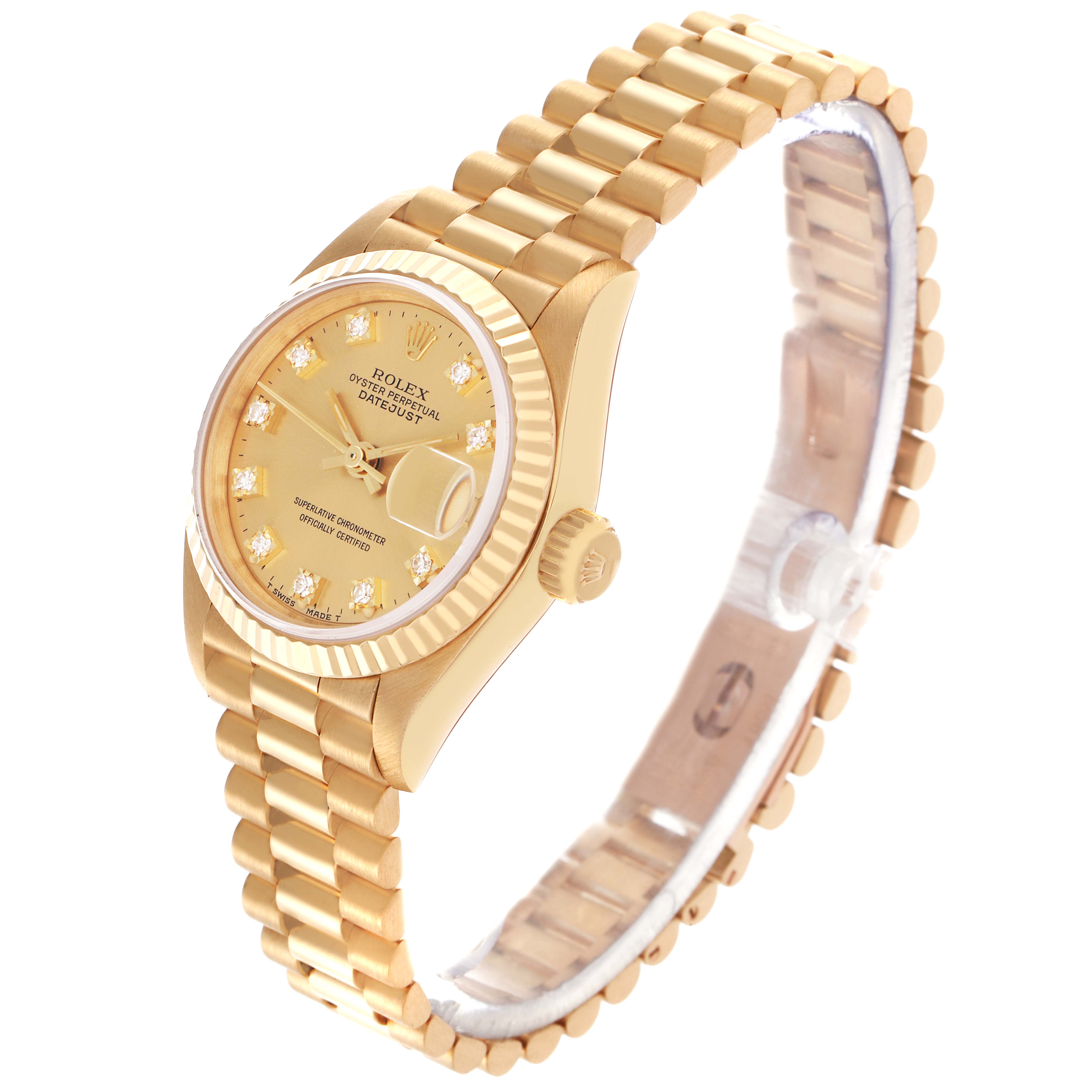 The Rolex President 69178 Women's Yellow Gold Champagne Dial 69178 Women's Yellow Gold Champagne Dial model watch is shown at a three-quarter angle, highlighting the face, bezel, crown, and bracelet.