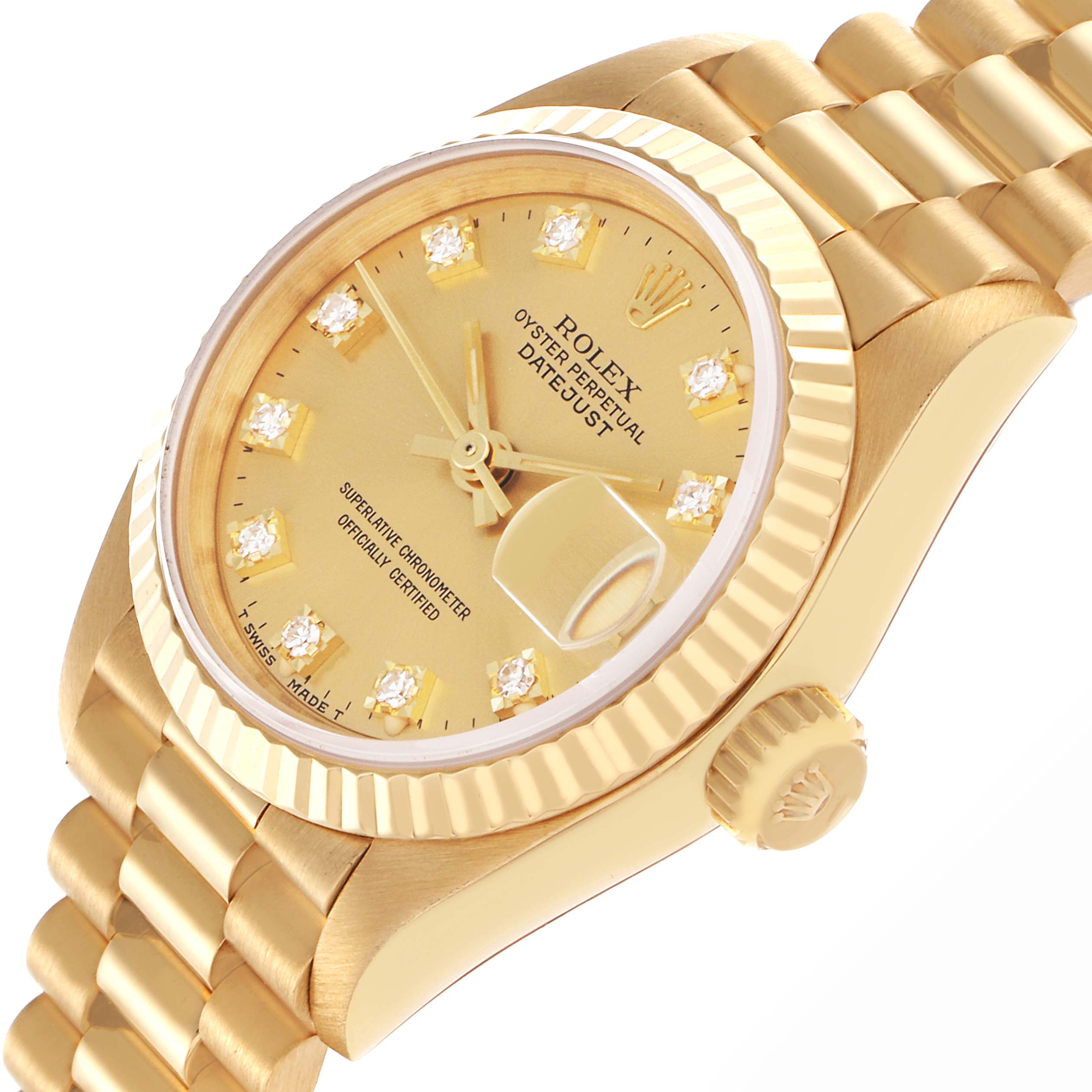 The Rolex President 69178 Women's Yellow Gold Champagne Dial 69178 Women's Yellow Gold Champagne Dial model is shown at an angle highlighting the gold case, dial, diamond hour markers, fluted bezel, and part of the bracelet.