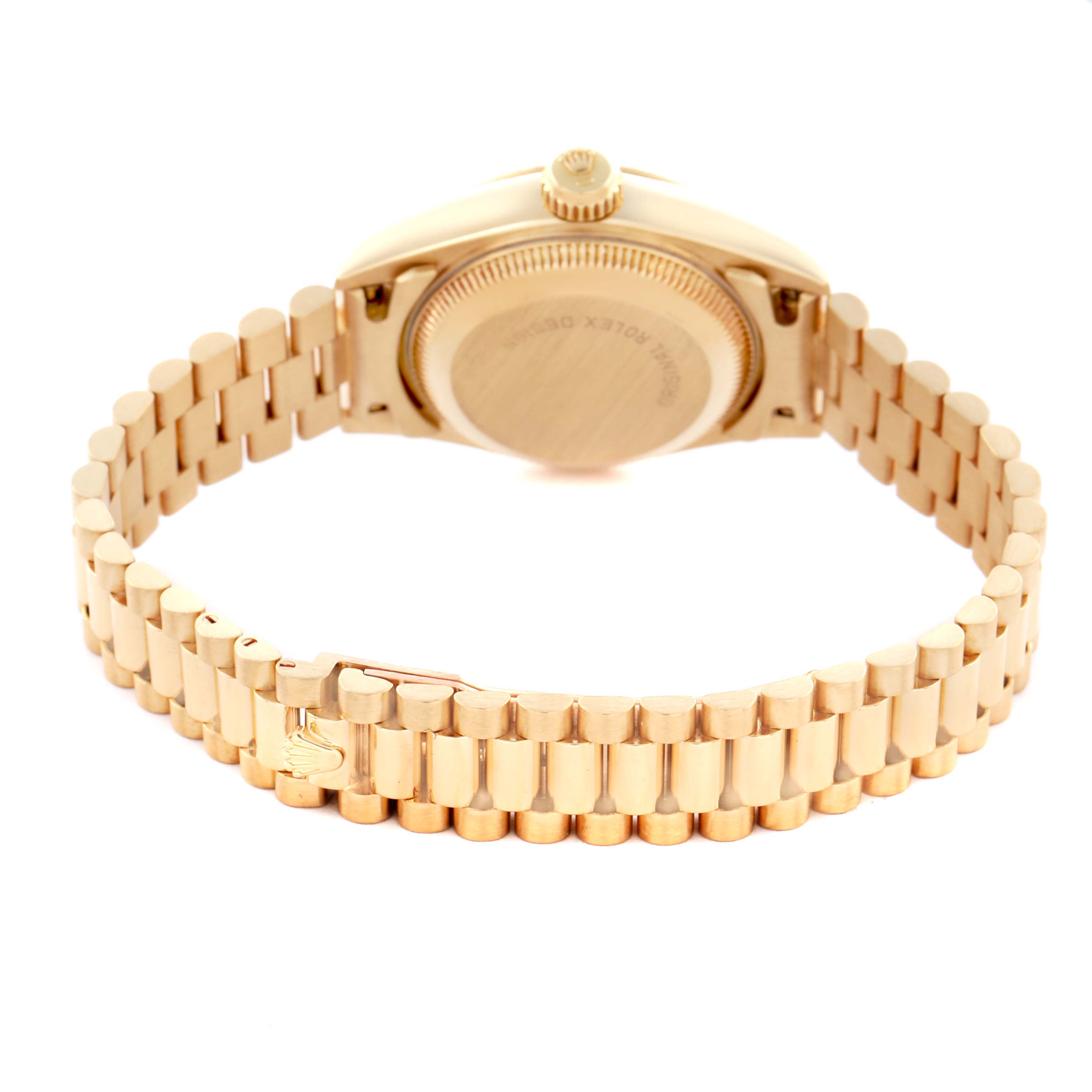 The image shows the back view of a Rolex President 69178 Women's Yellow Gold Champagne Dial 69178 Women's Yellow Gold Champagne Dial watch, highlighting the gold bracelet and case back.