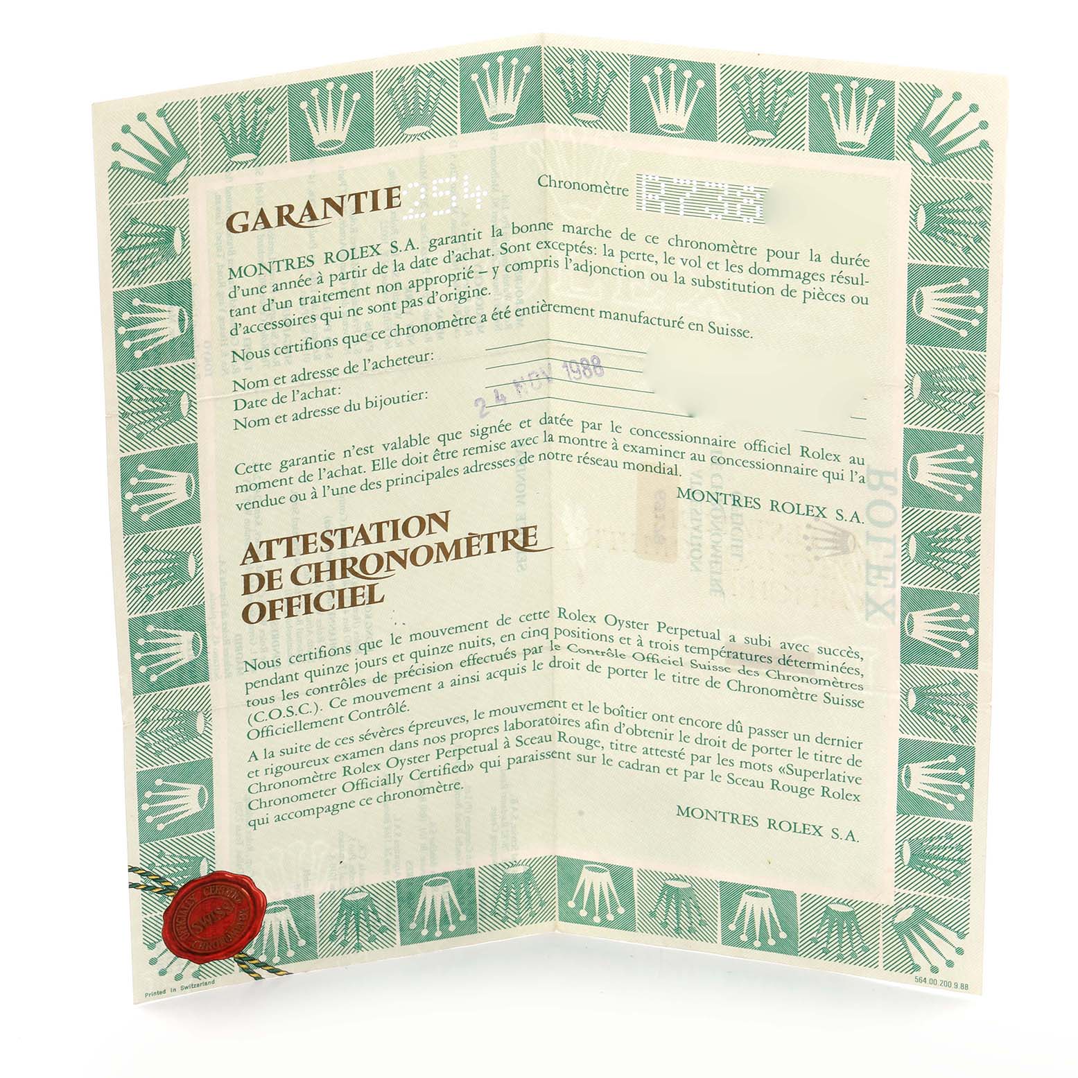 The image shows a folded warranty certificate for the Rolex President 69178 Women's Yellow Gold Champagne Dial 69178 Women's Yellow Gold Champagne Dial watch model, featuring text and the Rolex logo.