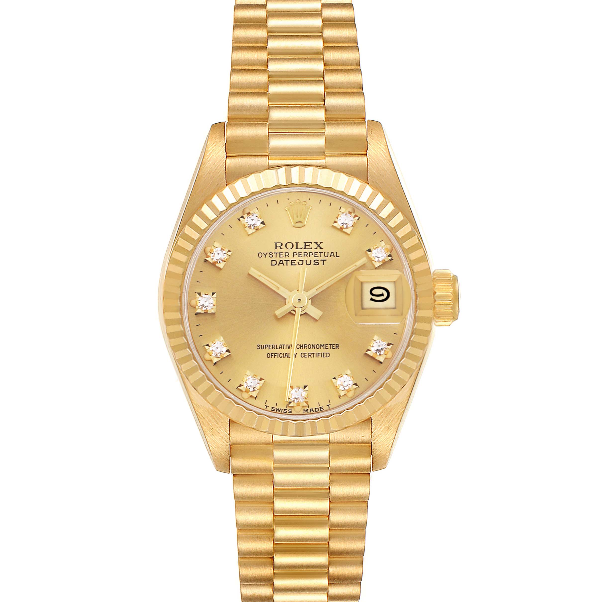 The Rolex President 69178 Women's Yellow Gold Champagne Dial 69178 Women's Yellow Gold Champagne Dial model watch is shown from a frontal angle, displaying the dial, bezel, bracelet, and date window.