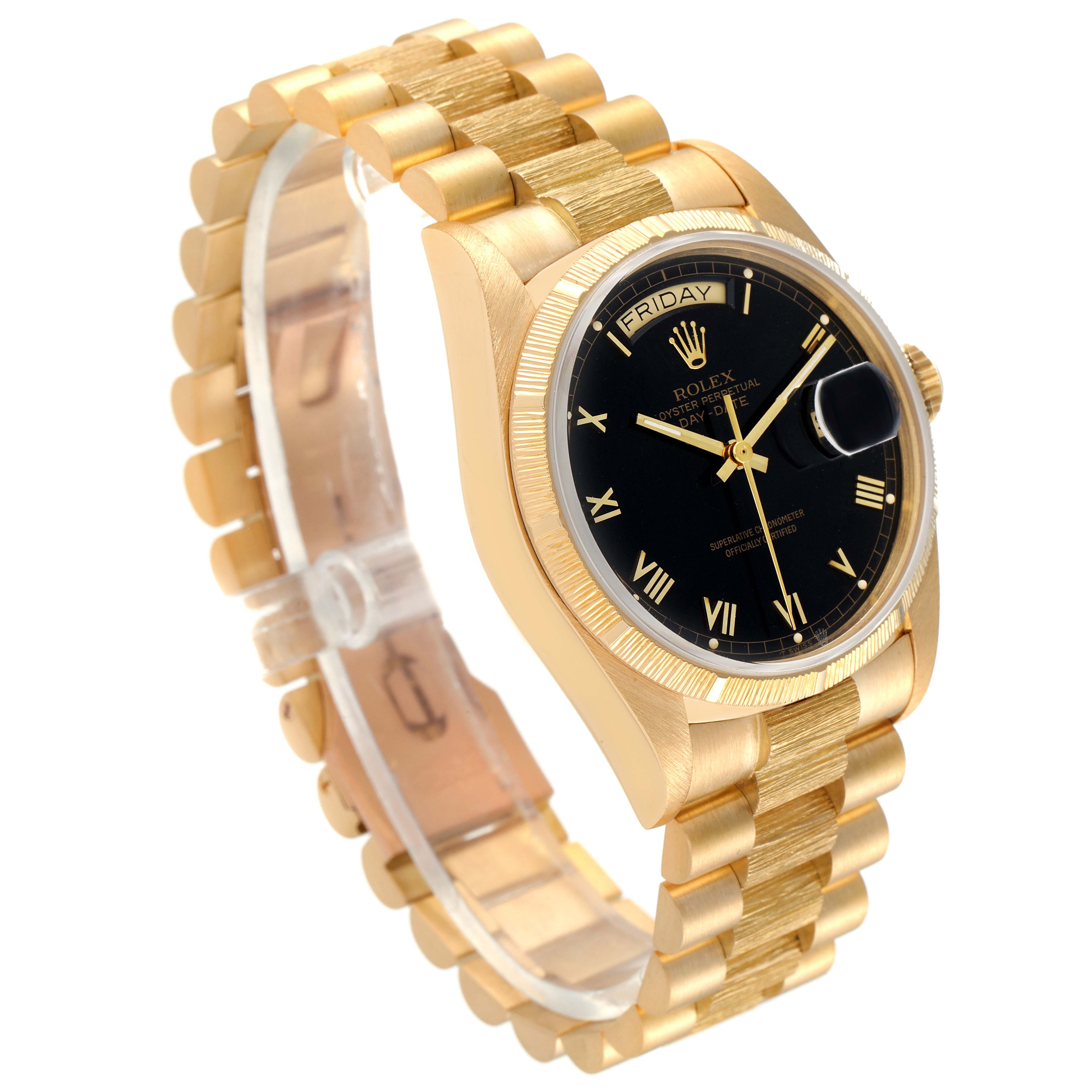 The Rolex President 18078 Men's Yellow Gold Black Dial 18078 Men's Yellow Gold Black Dial model watch is shown from a front-side angle, highlighting the black dial, gold case, and bracelet.