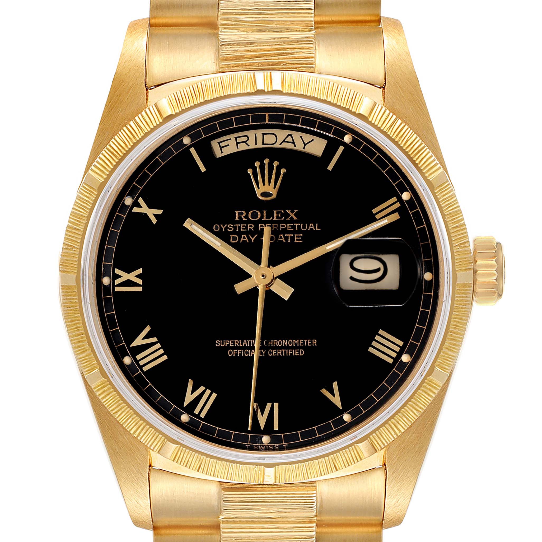 The image shows a front view of the Rolex President 18078 Men's Yellow Gold Black Dial 18078 Men's Yellow Gold Black Dial model watch, displaying its black dial, day-date window, and gold bracelet.