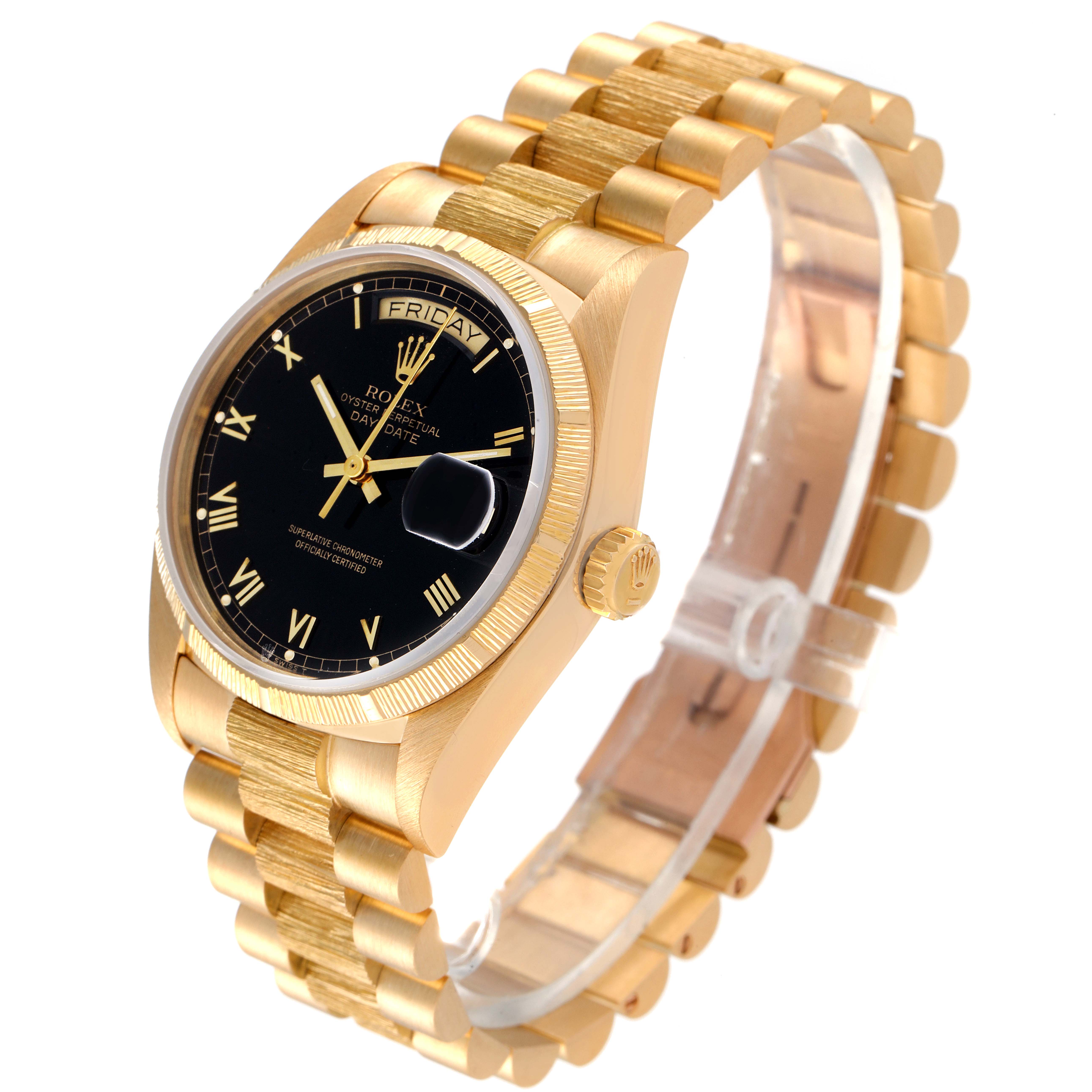 The Rolex President 18078 Men's Yellow Gold Black Dial 18078 Men's Yellow Gold Black Dial model watch is shown at a three-quarter angle, featuring its black dial, gold case, and bracelet.