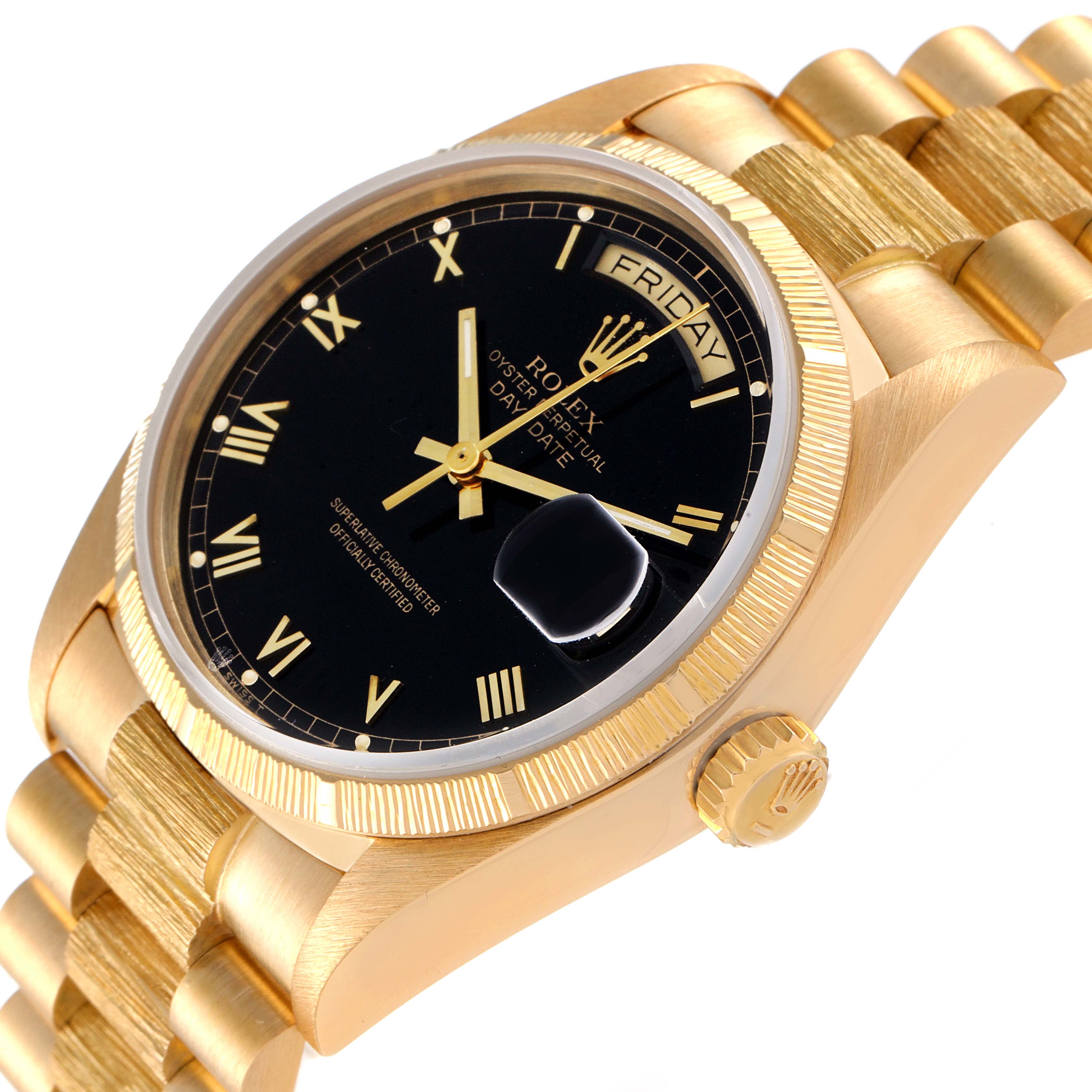 The image shows a Rolex President 18078 Men's Yellow Gold Black Dial 18078 Men's Yellow Gold Black Dial watch from an angled view, displaying the black dial, day-date feature, and gold band.