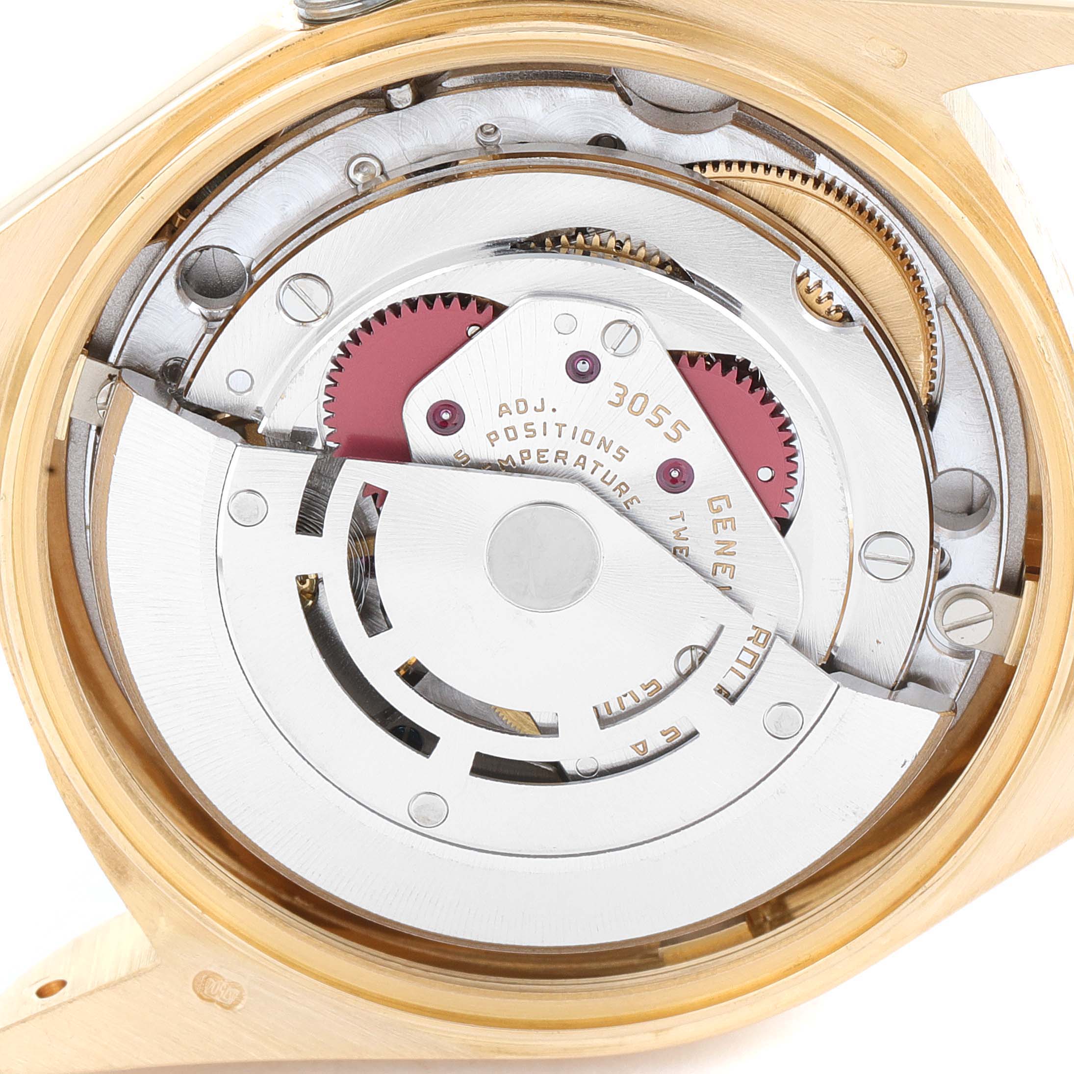 This image shows the internal mechanism of a Rolex President 18078 Men's Yellow Gold Black Dial 18078 Men's Yellow Gold Black Dial model watch from a top-down angle.