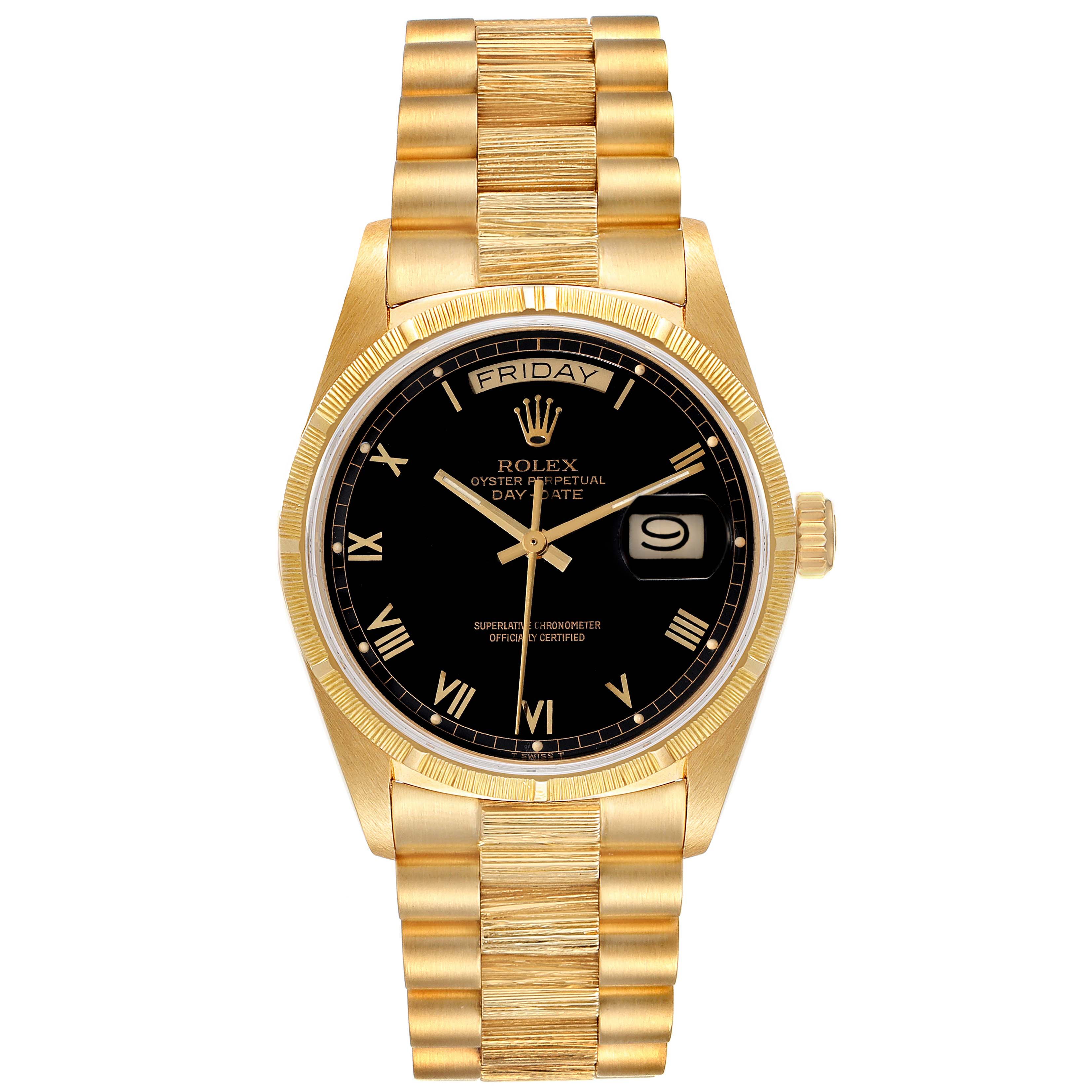 The image shows a front view of the Rolex President 18078 Men's Yellow Gold Black Dial 18078 Men's Yellow Gold Black Dial model watch, featuring its gold bracelet, black dial, and day-date display.