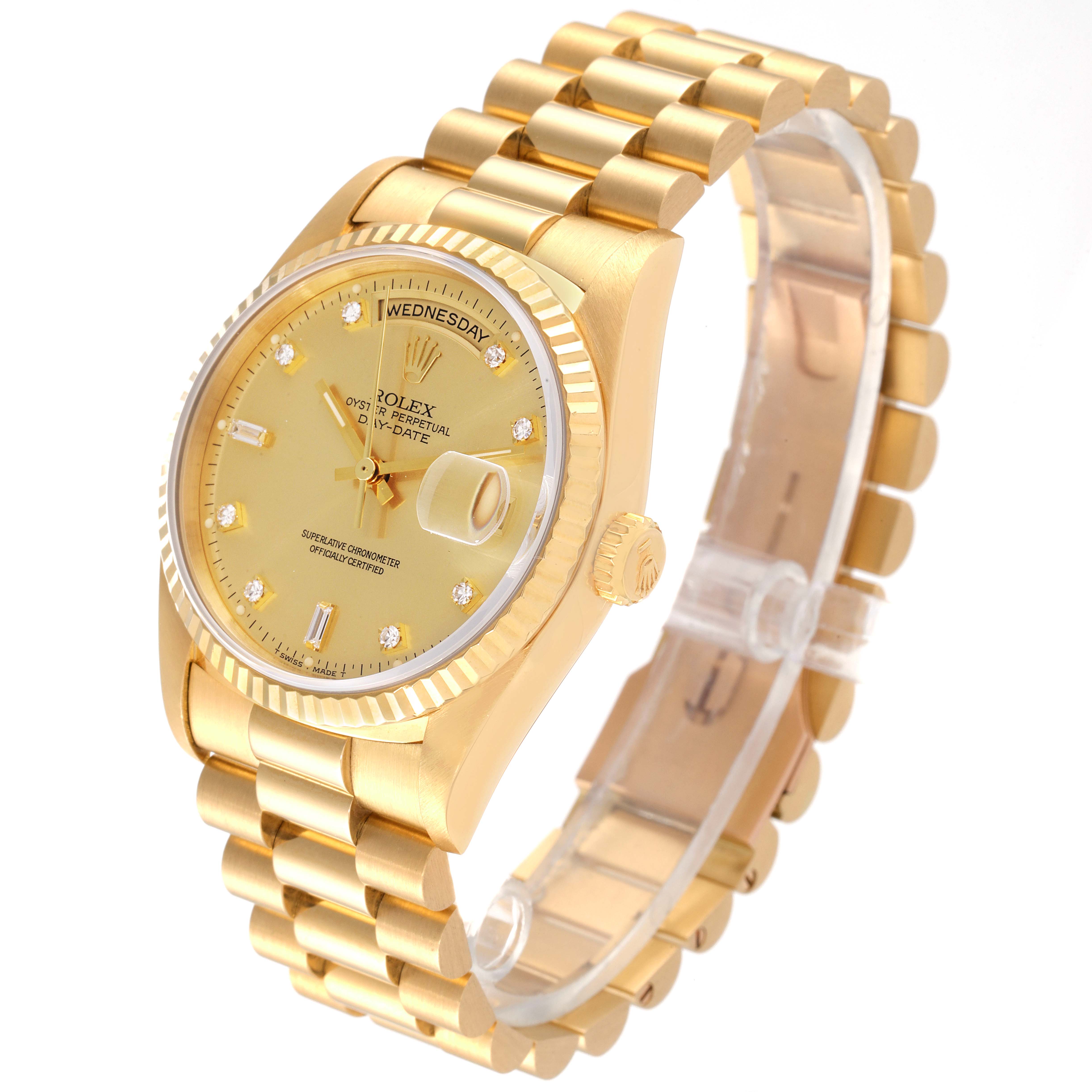 The image shows a Rolex President 18238 Men
s Yellow Gold Champagne Dial 18238 Men
s Yellow Gold Champagne Dial model watch, angled to display the face, bezel, crown, and part of the bracelet.