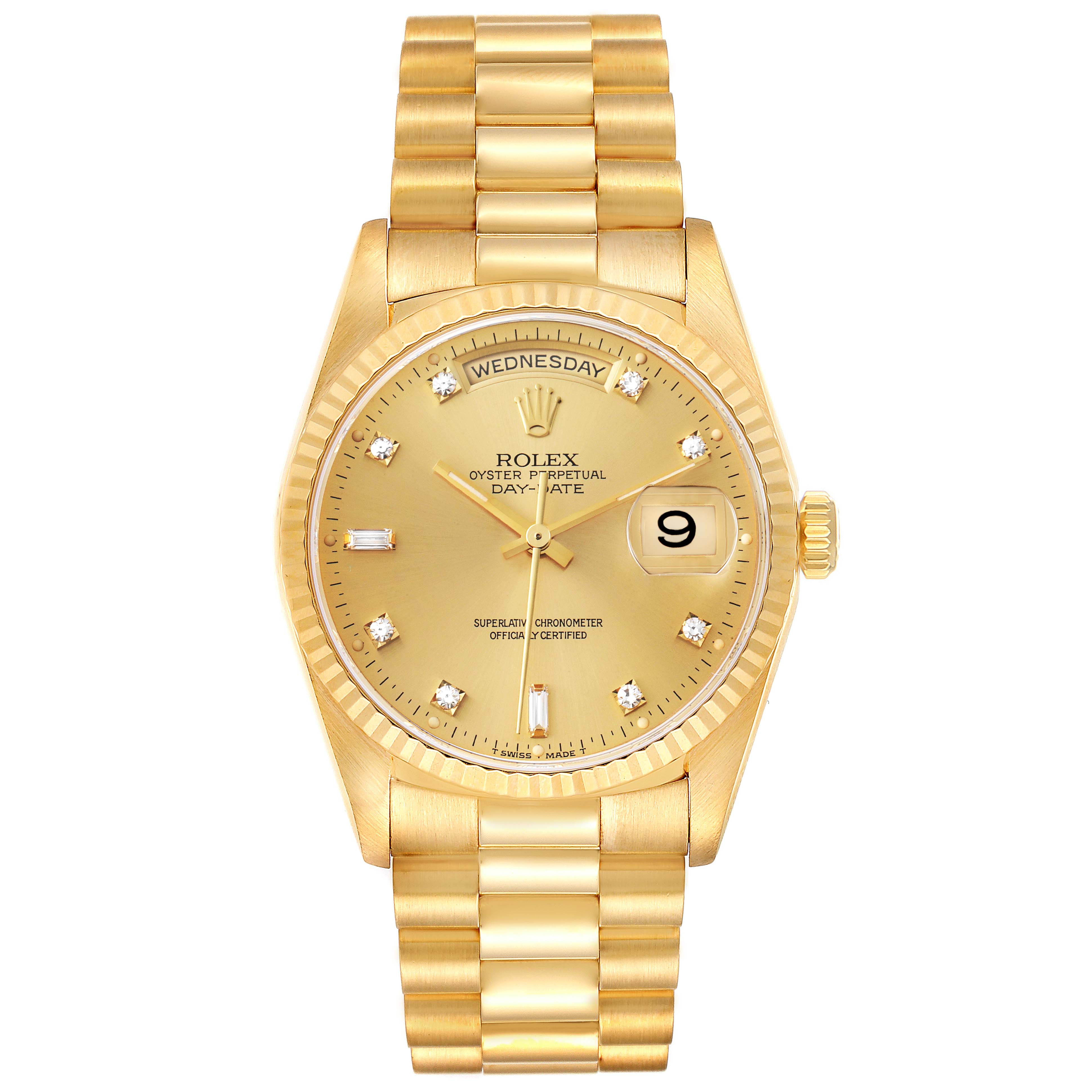 The Rolex President 18238 Men
s Yellow Gold Champagne Dial 18238 Men
s Yellow Gold Champagne Dial model watch is shown from a front view, displaying the dial, bracelet, and crown.