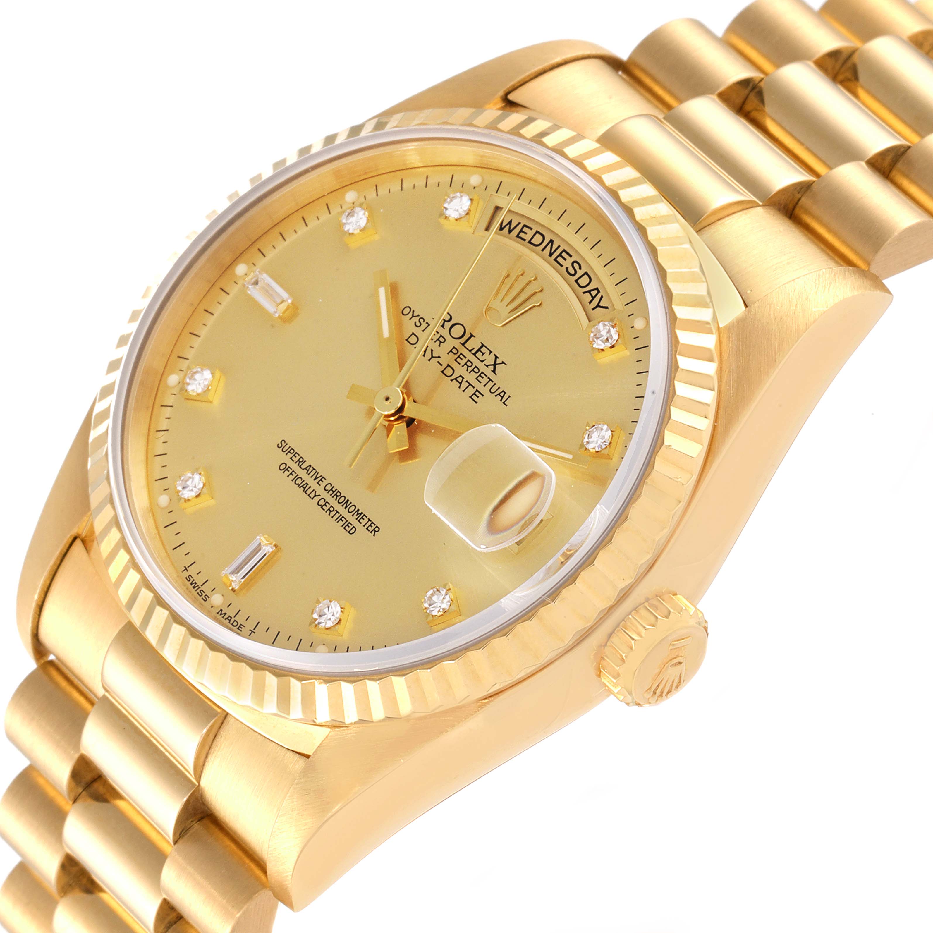 The image shows an angled view of the Rolex President 18238 Men
s Yellow Gold Champagne Dial 18238 Men
s Yellow Gold Champagne Dial watch, highlighting the gold dial, date window, and bracelet.